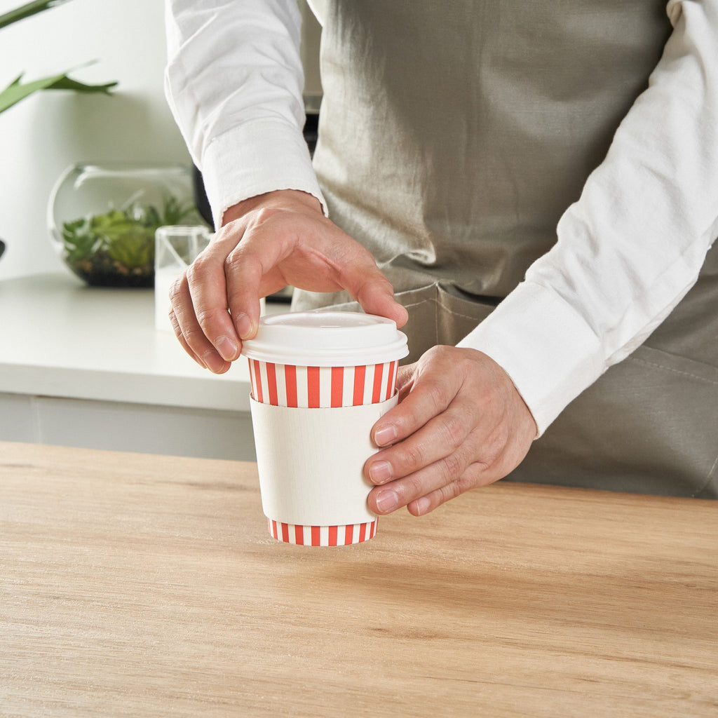 Restpresso 12 oz Red and White Stripe Paper Single Wall Coffee Cup - with White Lid - 3 1/2"x 3 1/2"x 4 3/4" - 20 count box
