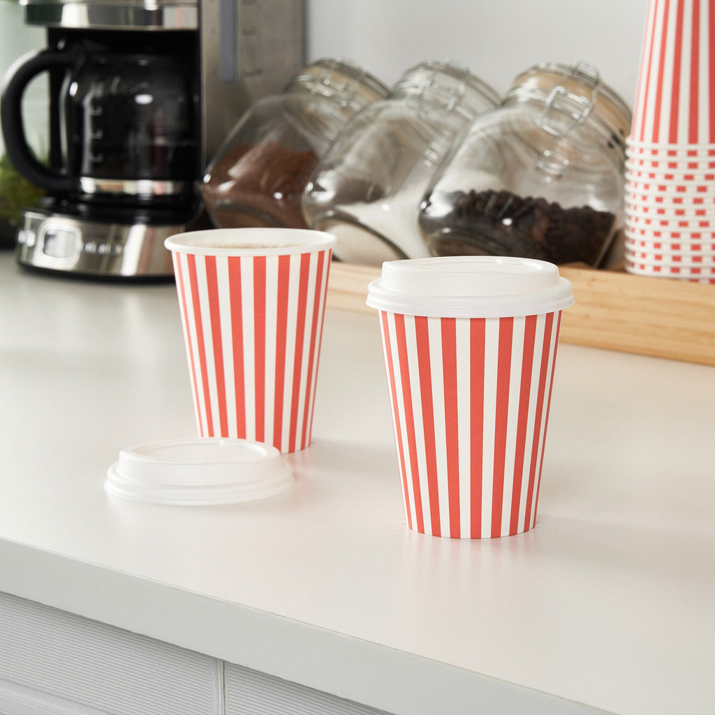 Restpresso 12 oz Red and White Stripe Paper Single Wall Coffee Cup - with White Lid - 3 1/2"x 3 1/2"x 4 3/4" - 20 count box