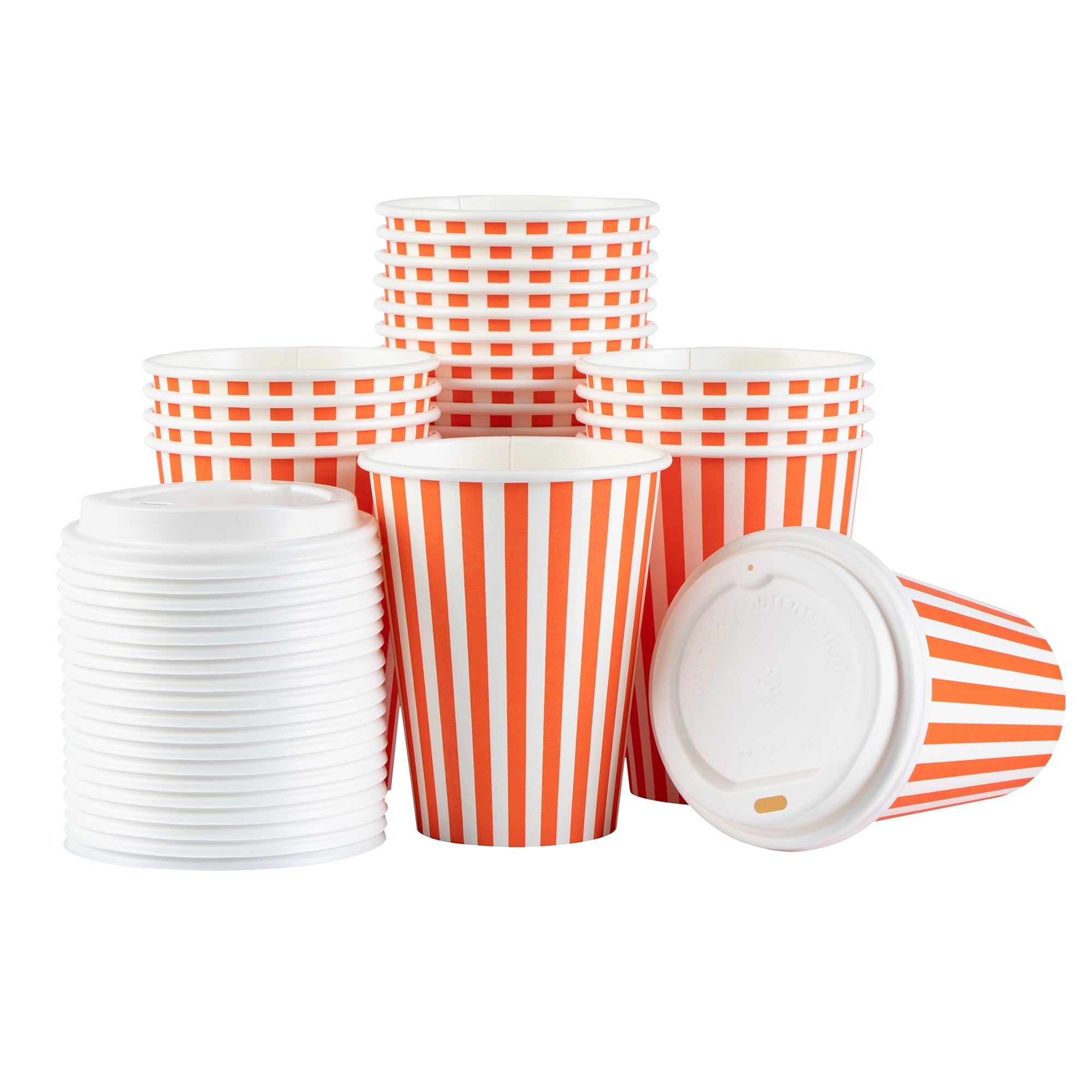 Restpresso 12 oz Orange and White Stripe Paper Single Wall Coffee Cup - with White Lid - 3 1/2"x 3 1/2"x 4 3/4" - 20 count box