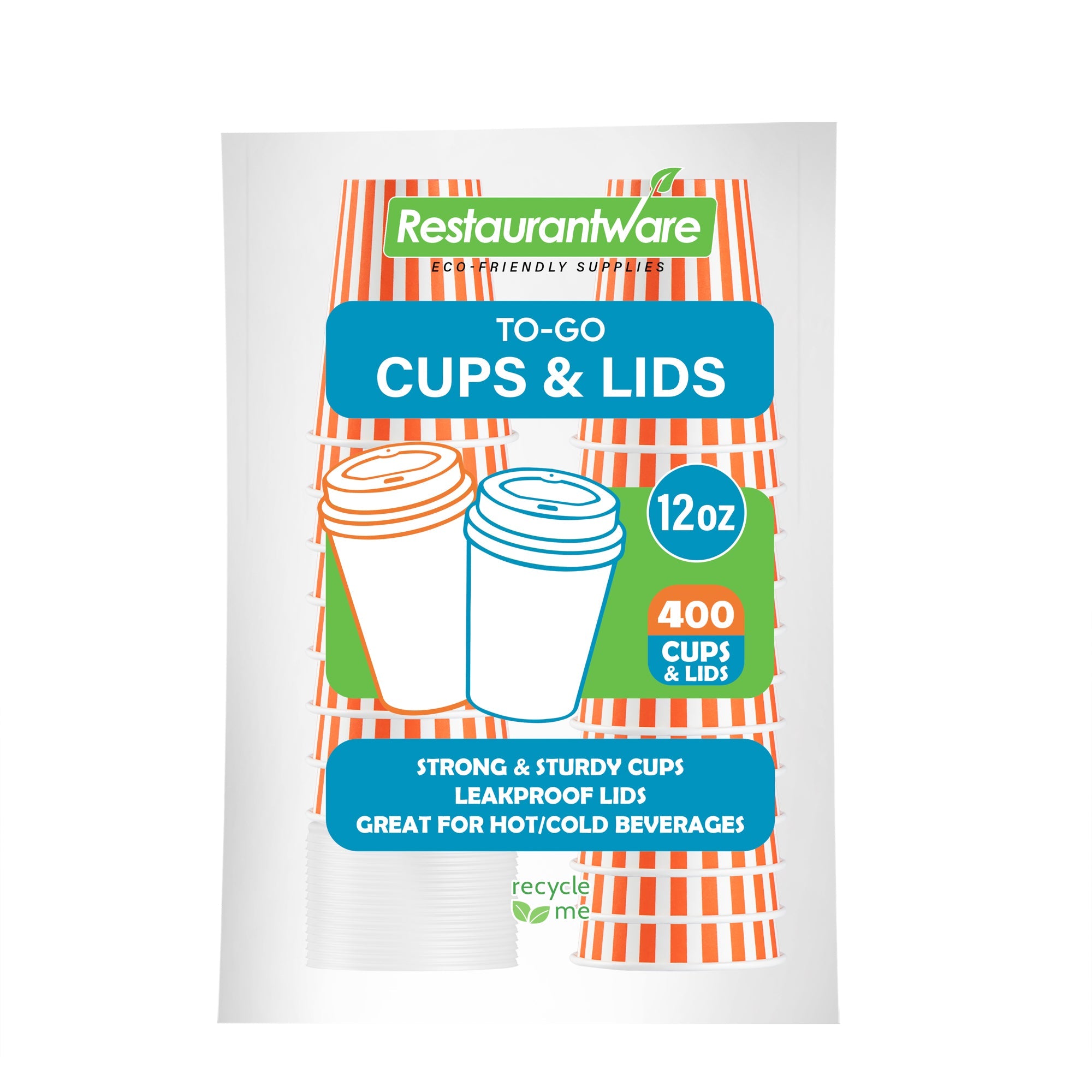 Restpresso 12 oz Orange and White Stripe Paper Single Wall Coffee Cup - with White Lid - 3 1/2"x 3 1/2"x 4 3/4" - 20 count box