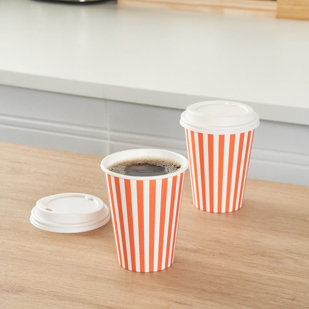 Restpresso 12 oz Orange and White Stripe Paper Single Wall Coffee Cup - with White Lid - 3 1/2"x 3 1/2"x 4 3/4" - 20 count box