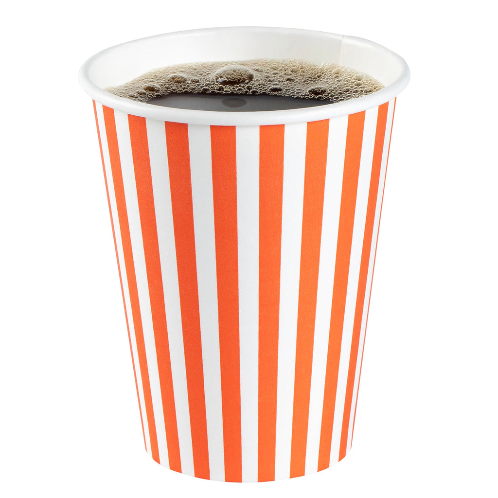 Restpresso 12 oz Orange and White Stripe Paper Single Wall Coffee Cup - with White Lid - 3 1/2"x 3 1/2"x 4 3/4" - 20 count box