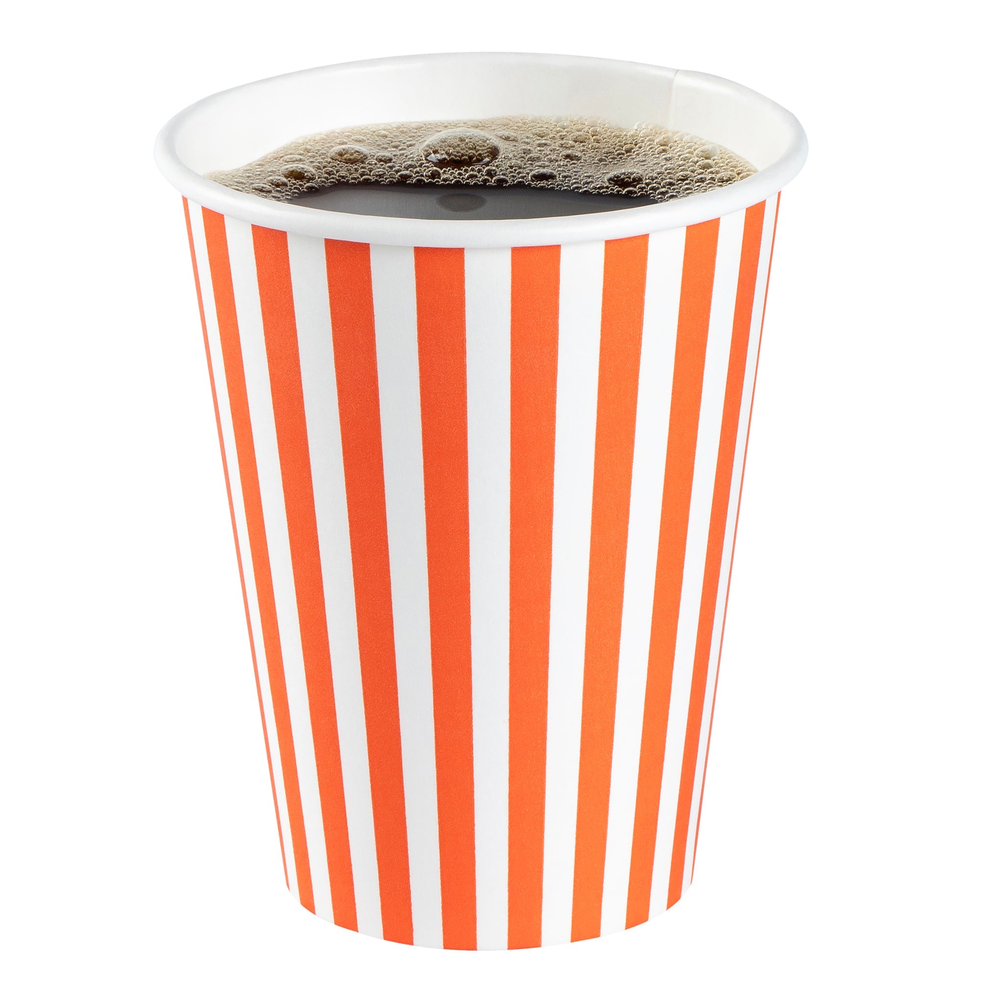 Restpresso 12 oz Orange and White Stripe Paper Single Wall Coffee Cup - with White Lid - 3 1/2"x 3 1/2"x 4 3/4" - 20 count box