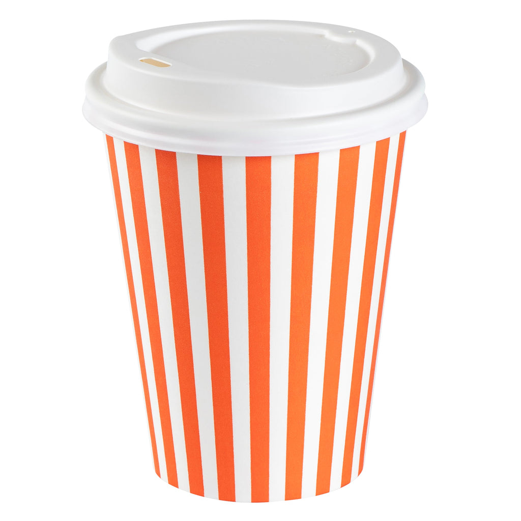 Restpresso 12 oz Orange and White Stripe Paper Single Wall Coffee Cup - with White Lid - 3 1/2"x 3 1/2"x 4 3/4" - 20 count box