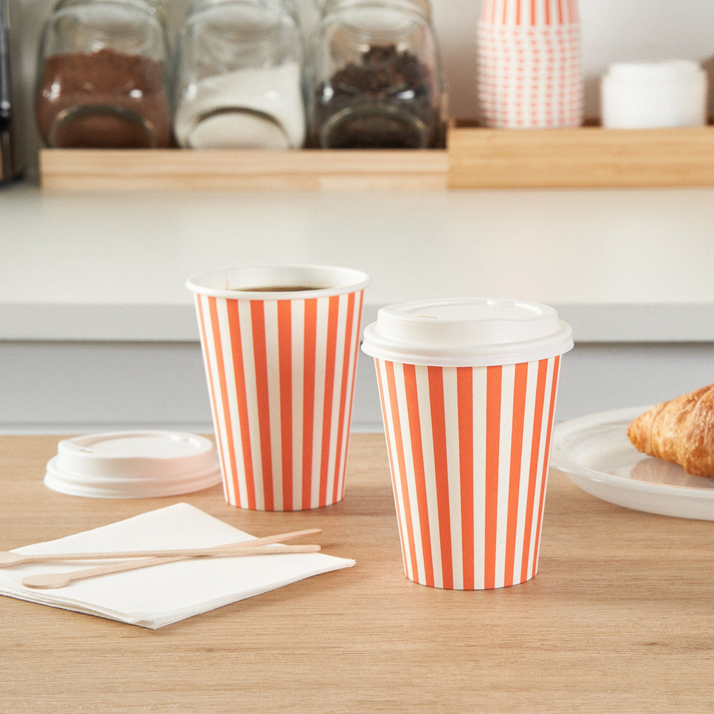 Restpresso 12 oz Orange and White Stripe Paper Single Wall Coffee Cup - with White Lid - 3 1/2"x 3 1/2"x 4 3/4" - 20 count box