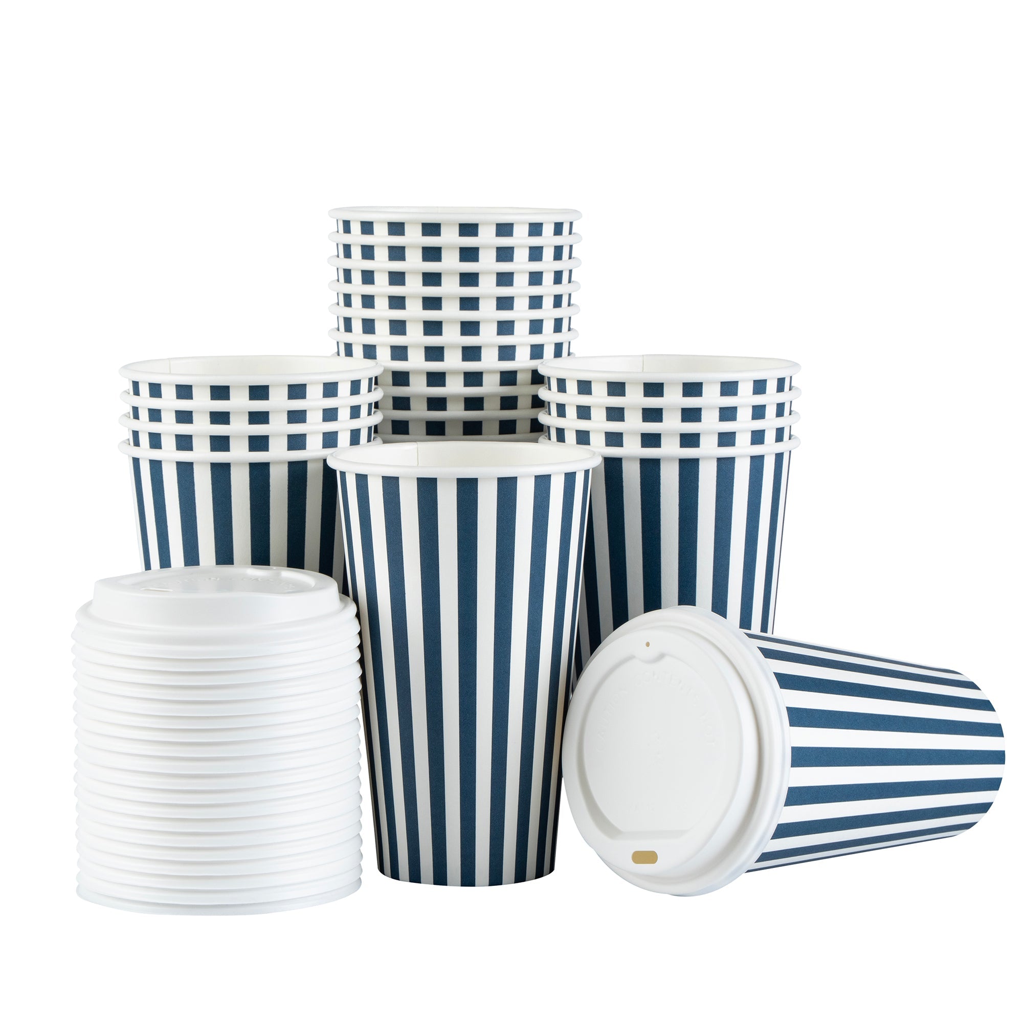 Restpresso 16 oz Blue and White Stripe Paper Single Wall Coffee Cup - with White Lid - 3 1/2"x 3 1/2"x 5 3/4" - 20 count box