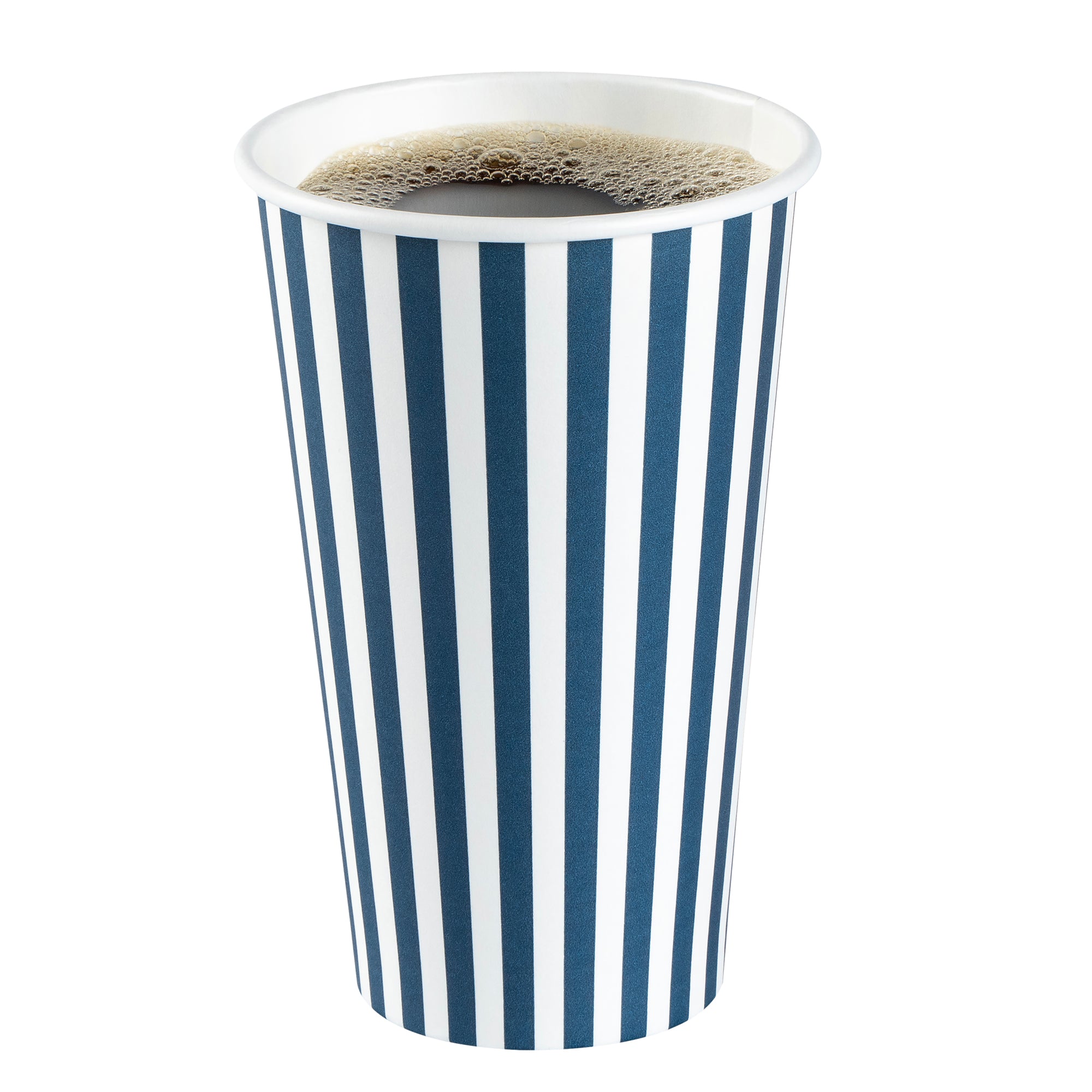 Restpresso 16 oz Blue and White Stripe Paper Single Wall Coffee Cup - with White Lid - 3 1/2"x 3 1/2"x 5 3/4" - 20 count box