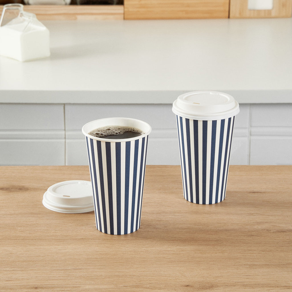 Restpresso 16 oz Blue and White Stripe Paper Single Wall Coffee Cup - with White Lid - 3 1/2"x 3 1/2"x 5 3/4" - 400 count box