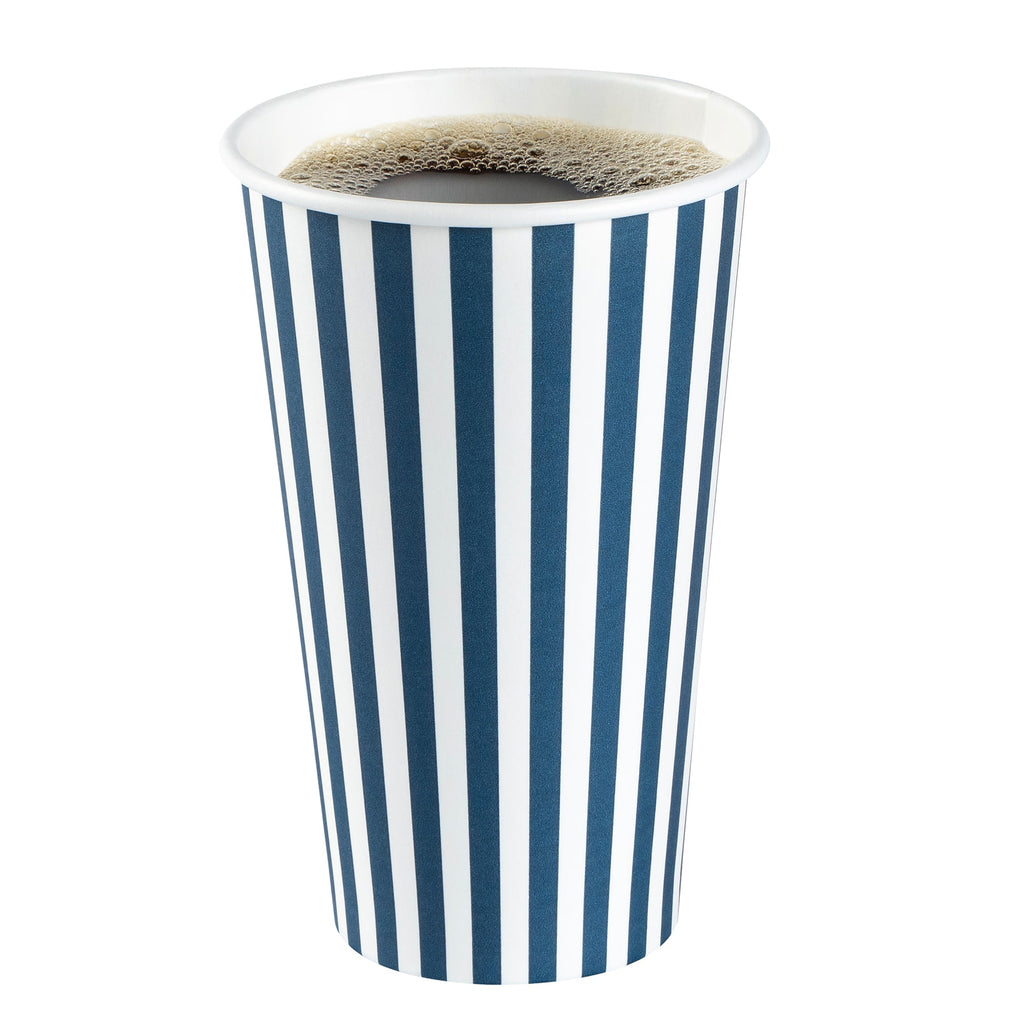 Restpresso 16 oz Blue and White Stripe Paper Single Wall Coffee Cup - with White Lid - 3 1/2"x 3 1/2"x 5 3/4" - 400 count box