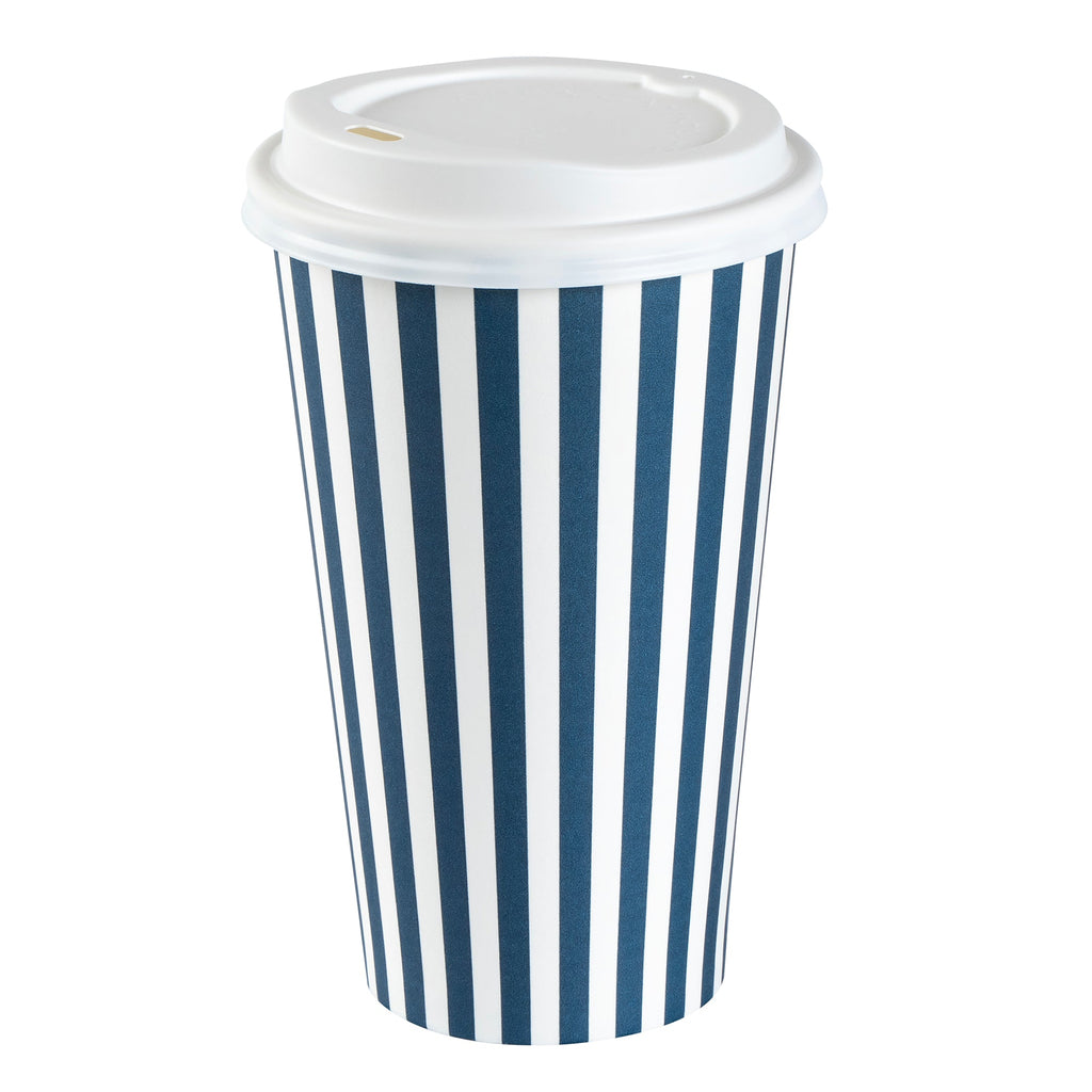 Restpresso 16 oz Blue and White Stripe Paper Single Wall Coffee Cup - with White Lid - 3 1/2"x 3 1/2"x 5 3/4" - 400 count box