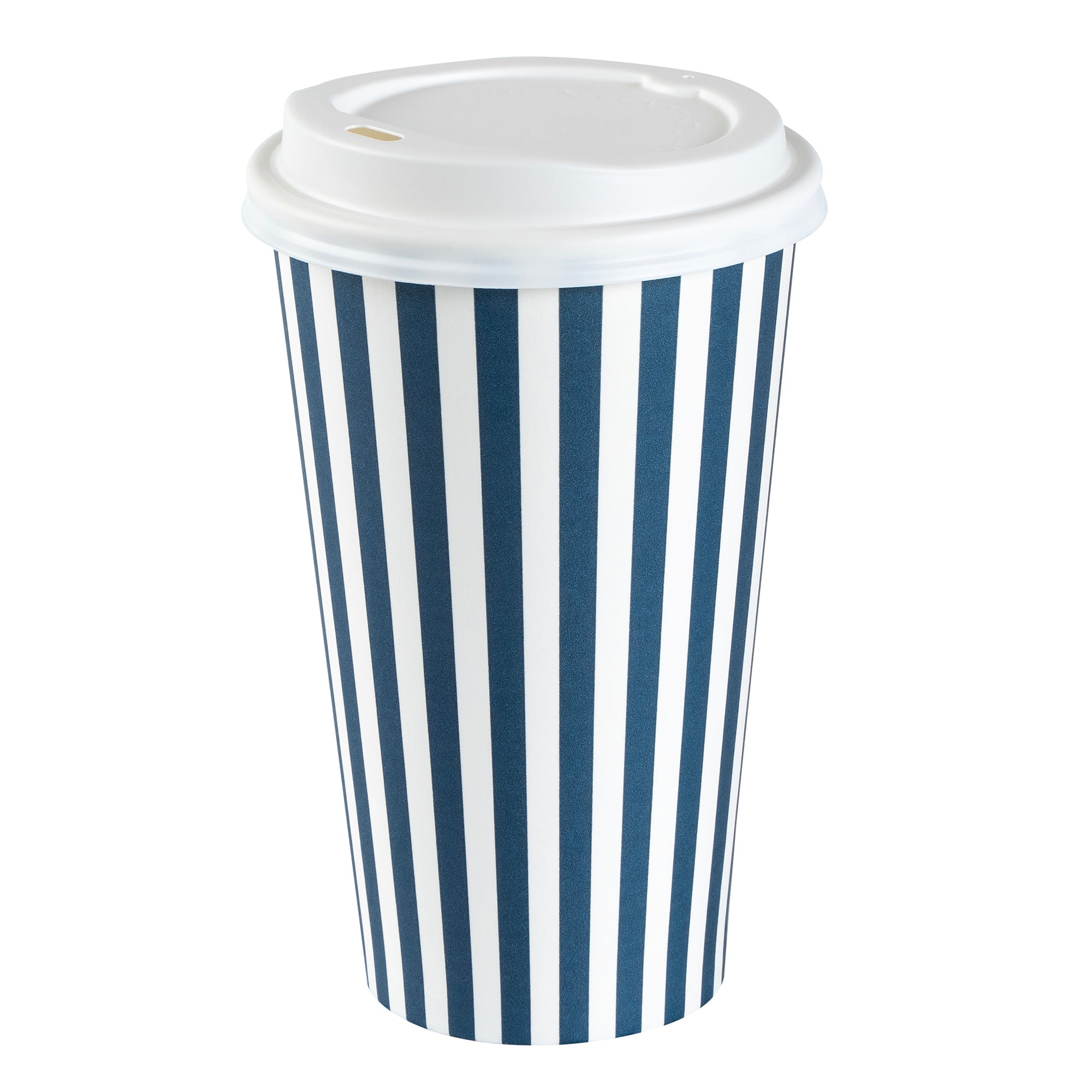Restpresso 16 oz Blue and White Stripe Paper Single Wall Coffee Cup - with White Lid - 3 1/2"x 3 1/2"x 5 3/4" - 400 count box