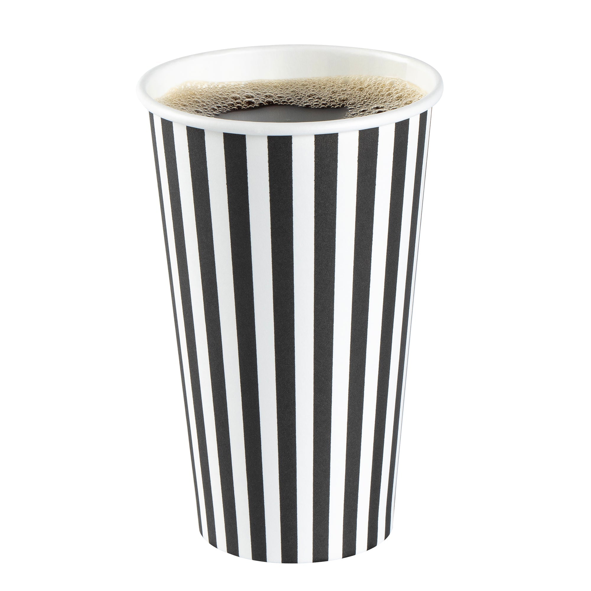 Restpresso 16 oz Black and White Stripe Paper Single Wall Coffee Cup - with White Lid - 3 1/2"x 3 1/2"x 5 3/4" - 20 count box