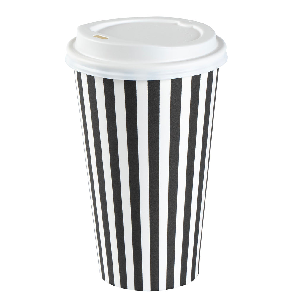 Restpresso 16 oz Black and White Stripe Paper Single Wall Coffee Cup - with White Lid - 3 1/2"x 3 1/2"x 5 3/4" - 20 count box