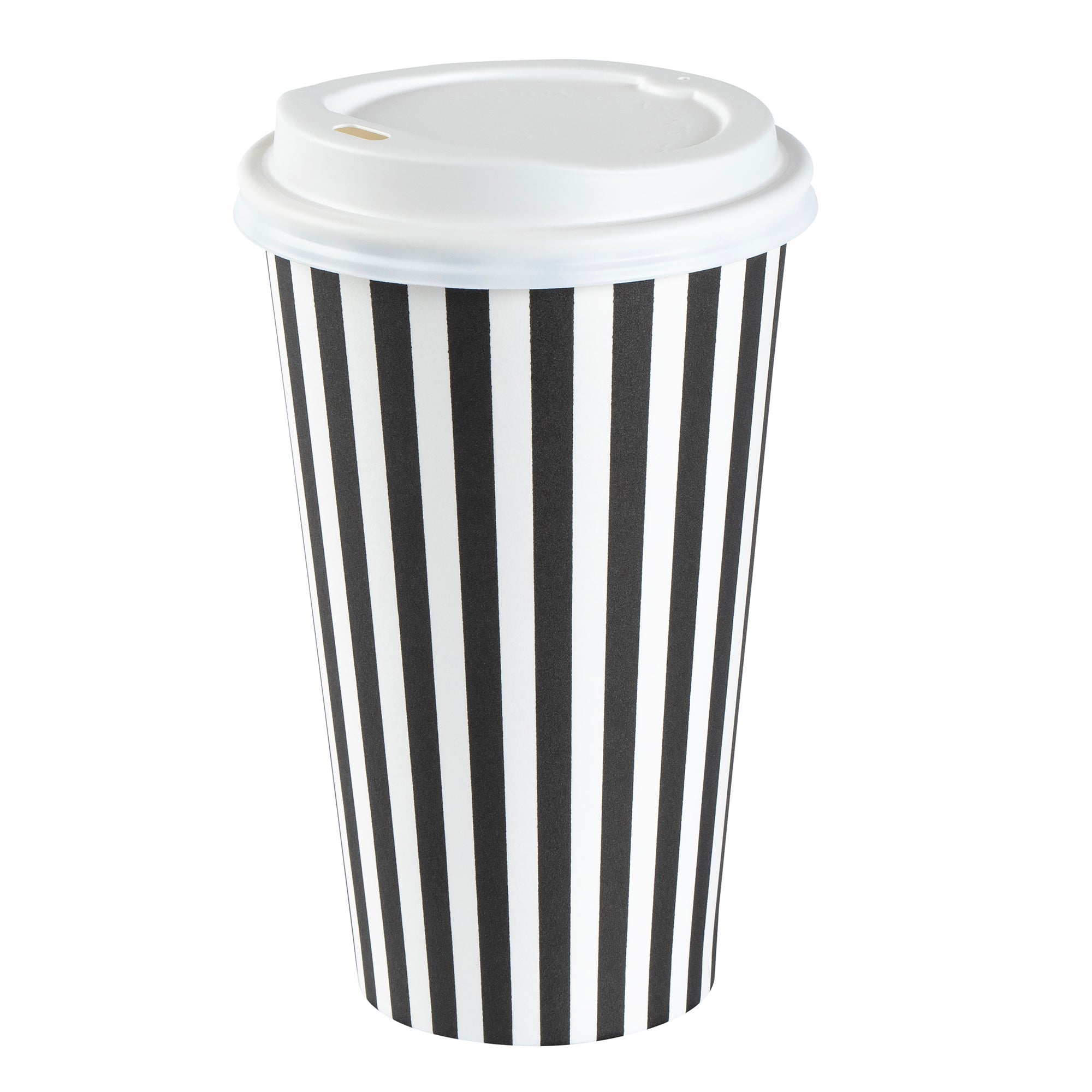 Restpresso 16 oz Black and White Stripe Paper Single Wall Coffee Cup - with White Lid - 3 1/2"x 3 1/2"x 5 3/4" - 20 count box