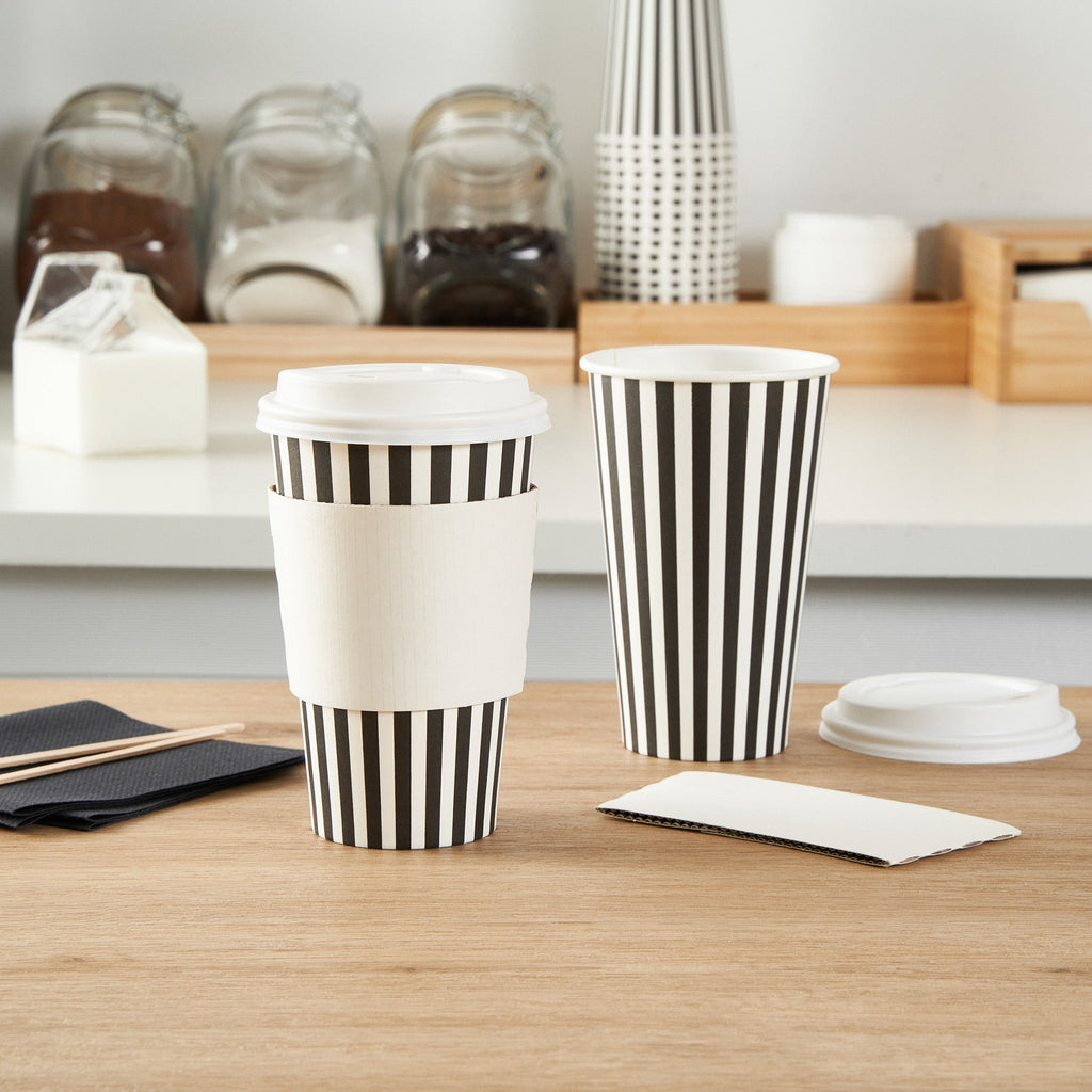 Restpresso 16 oz Black and White Stripe Paper Single Wall Coffee Cup - with White Lid - 3 1/2"x 3 1/2"x 5 3/4" - 400 count box