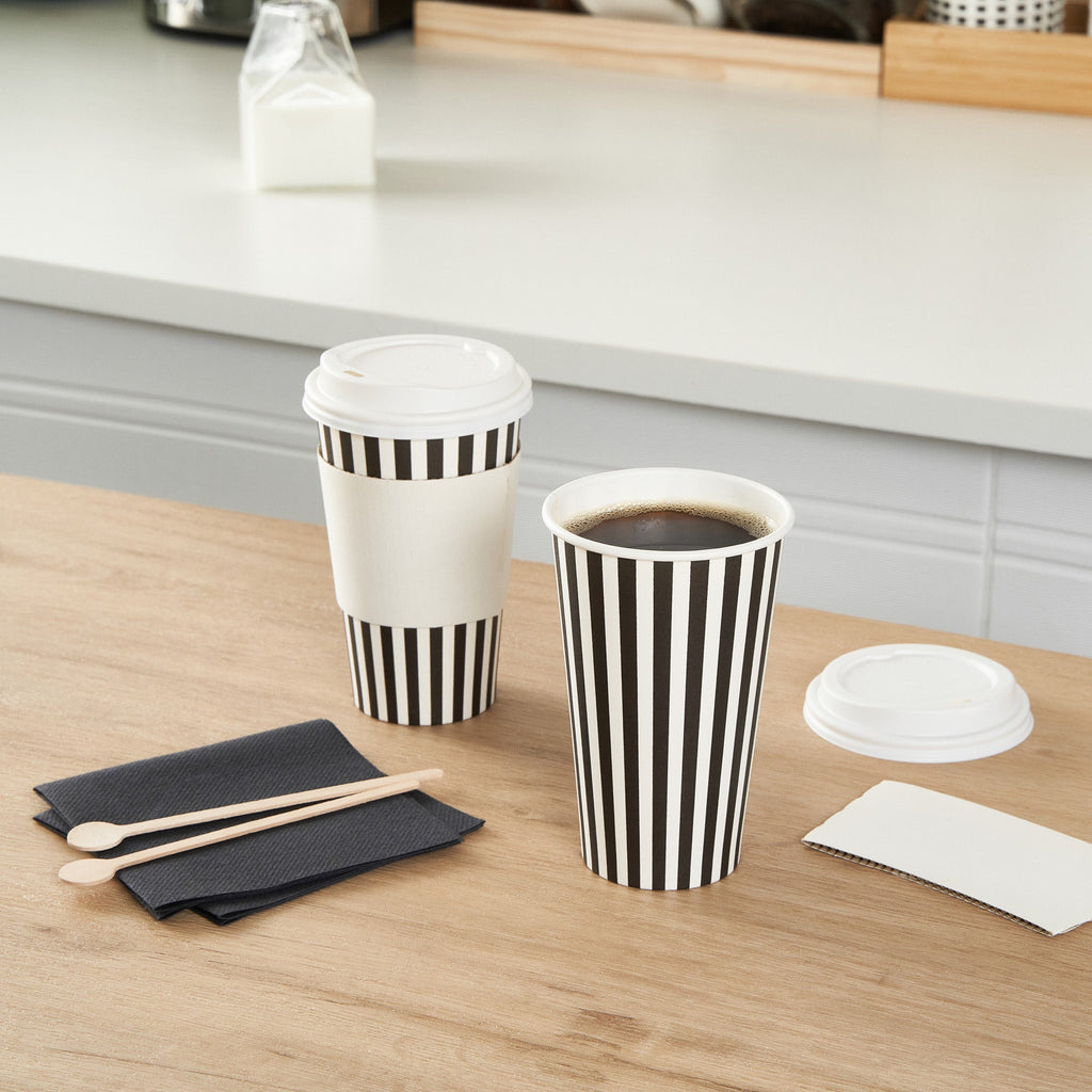 Restpresso 16 oz Black and White Stripe Paper Single Wall Coffee Cup - with White Lid - 3 1/2"x 3 1/2"x 5 3/4" - 400 count box