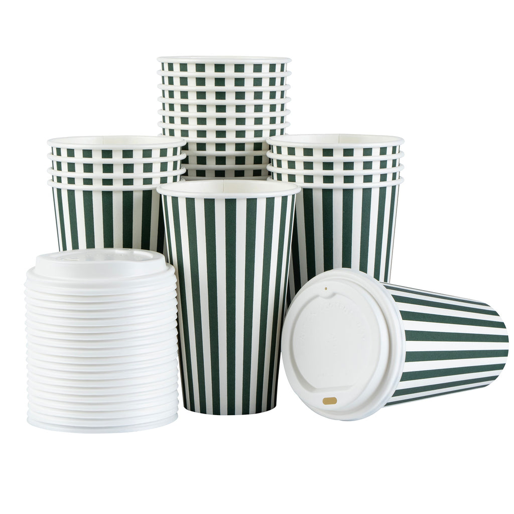 Restpresso 16 oz Forest Green and White Stripe Paper Single Wall Coffee Cup - with White Lid - 3 1/2"x 3 1/2"x 5 3/4" - 20 count box