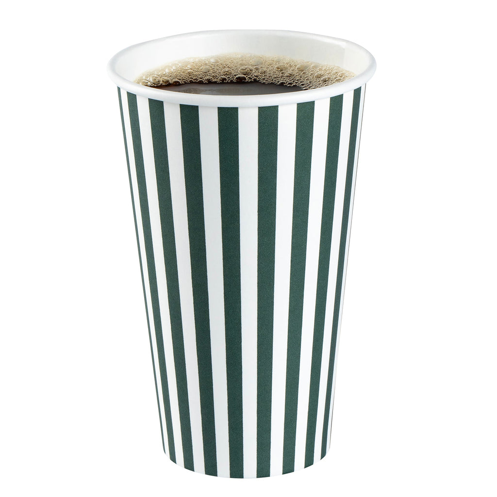 Restpresso 16 oz Forest Green and White Stripe Paper Single Wall Coffee Cup - with White Lid - 3 1/2"x 3 1/2"x 5 3/4" - 20 count box