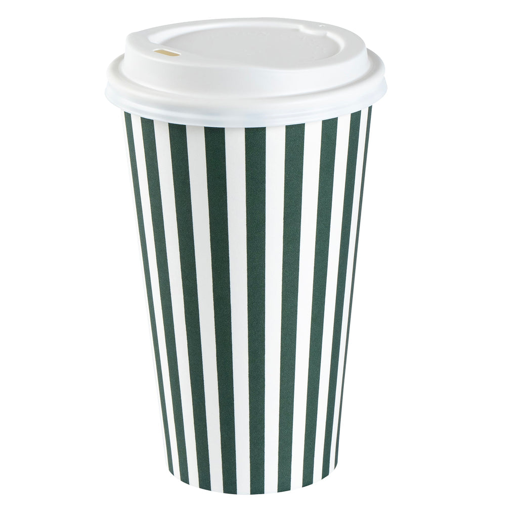 Restpresso 16 oz Forest Green and White Stripe Paper Single Wall Coffee Cup - with White Lid - 3 1/2"x 3 1/2"x 5 3/4" - 20 count box