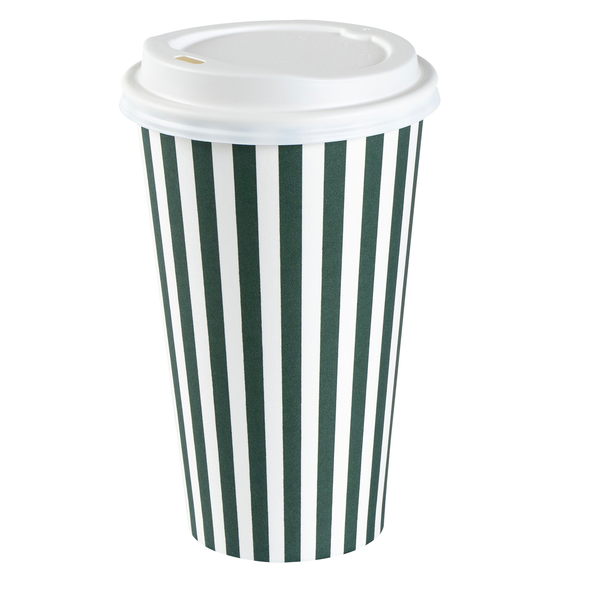 Restpresso 16 oz Forest Green and White Stripe Paper Single Wall Coffee Cup - with White Lid - 3 1/2"x 3 1/2"x 5 3/4" - 20 count box