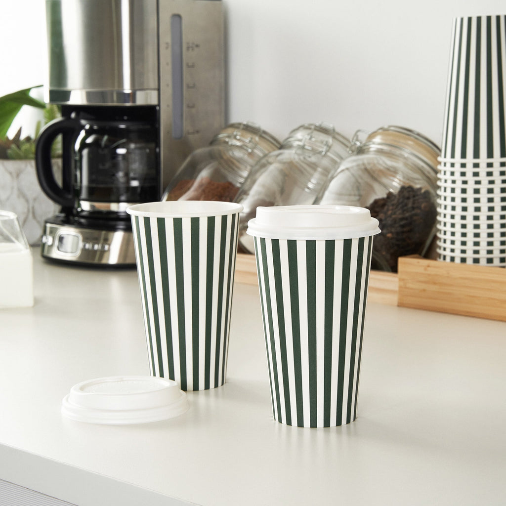 Restpresso 16 oz Forest Green and White Stripe Paper Single Wall Coffee Cup - with White Lid - 3 1/2"x 3 1/2"x 5 3/4" - 20 count box