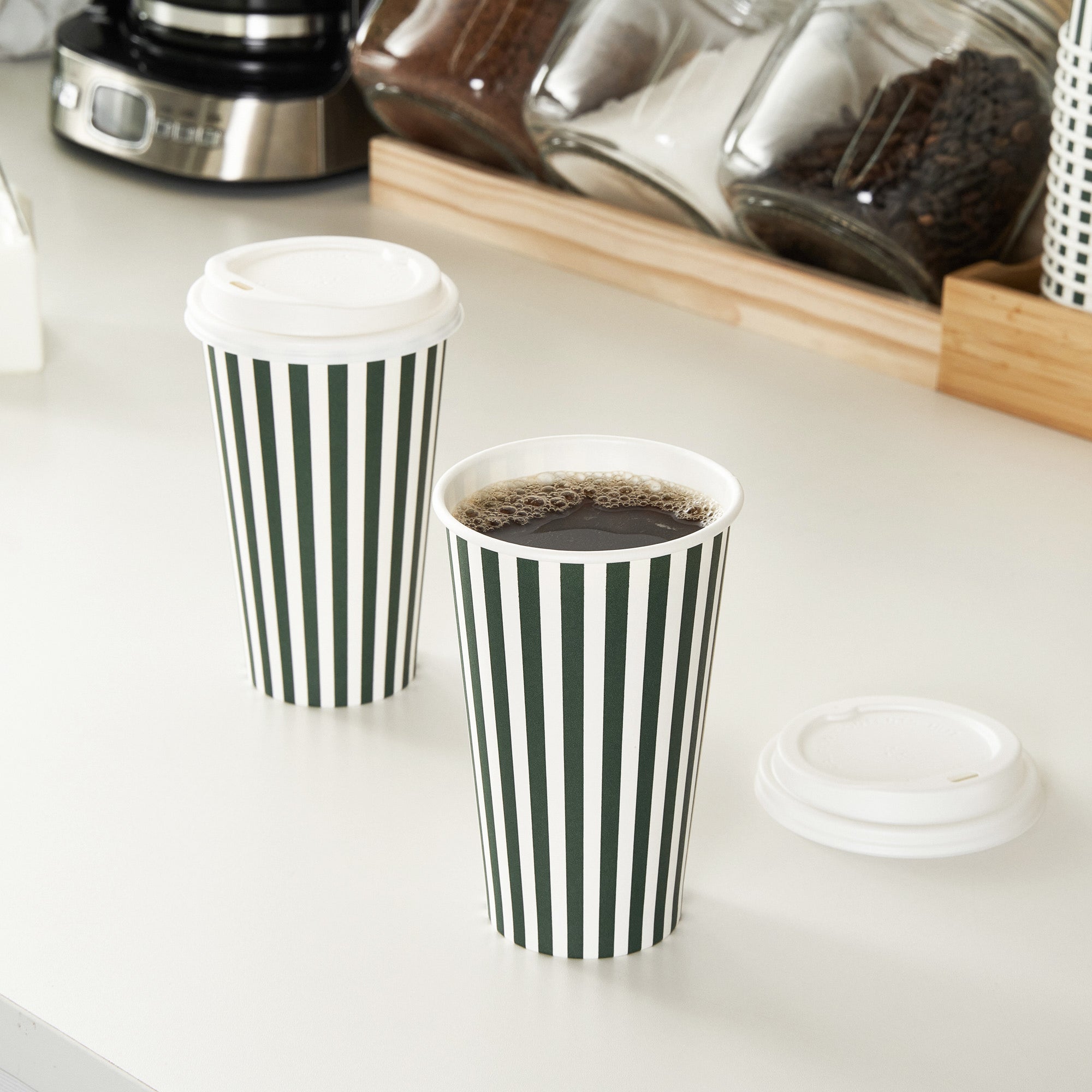 Restpresso 16 oz Forest Green and White Stripe Paper Single Wall Coffee Cup - with White Lid - 3 1/2"x 3 1/2"x 5 3/4" - 400 count box