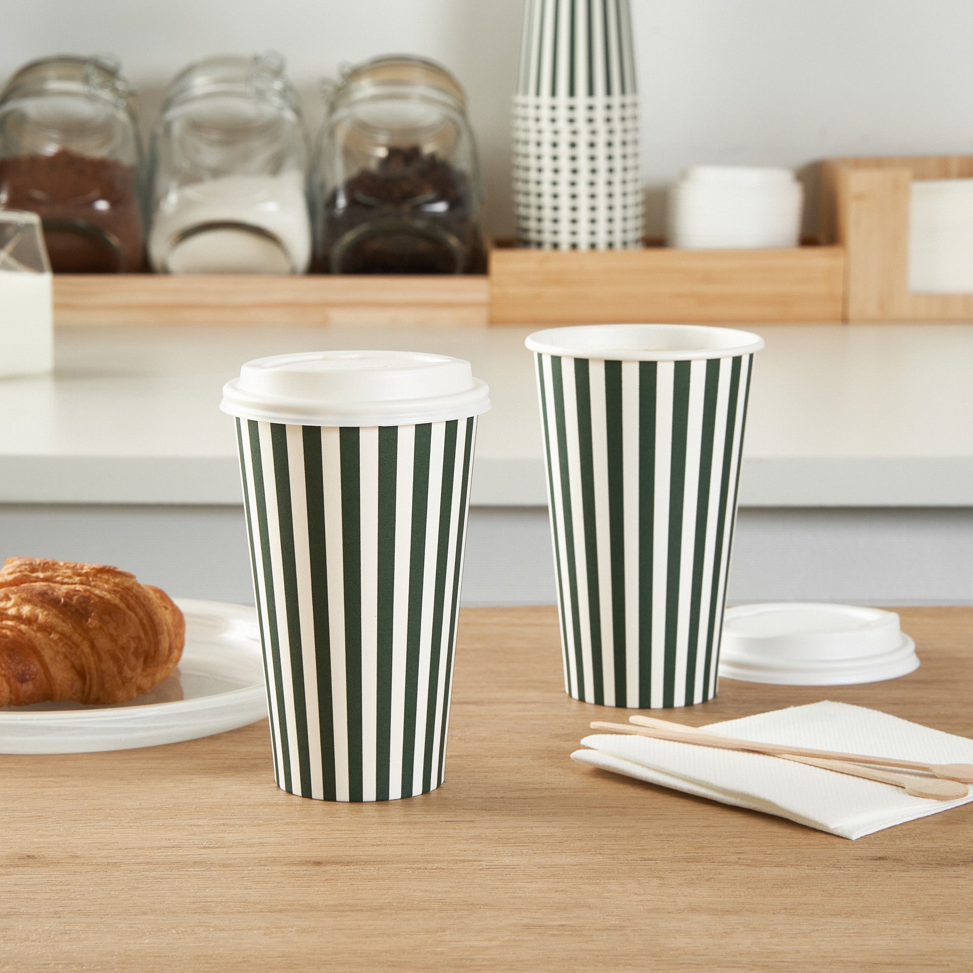 Restpresso 16 oz Forest Green and White Stripe Paper Single Wall Coffee Cup - with White Lid - 3 1/2"x 3 1/2"x 5 3/4" - 400 count box