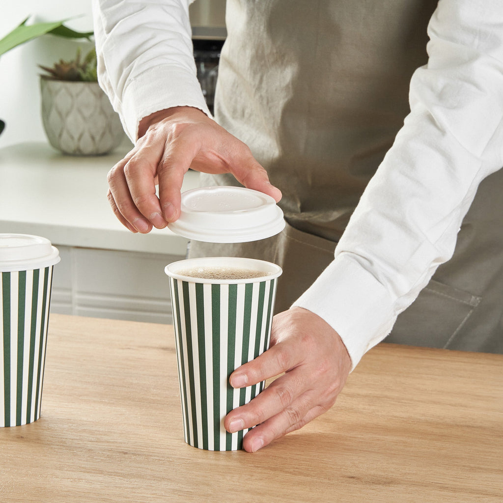 Restpresso 16 oz Forest Green and White Stripe Paper Single Wall Coffee Cup - with White Lid - 3 1/2"x 3 1/2"x 5 3/4" - 400 count box