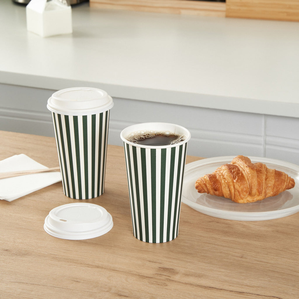 Restpresso 16 oz Forest Green and White Stripe Paper Single Wall Coffee Cup - with White Lid - 3 1/2"x 3 1/2"x 5 3/4" - 400 count box