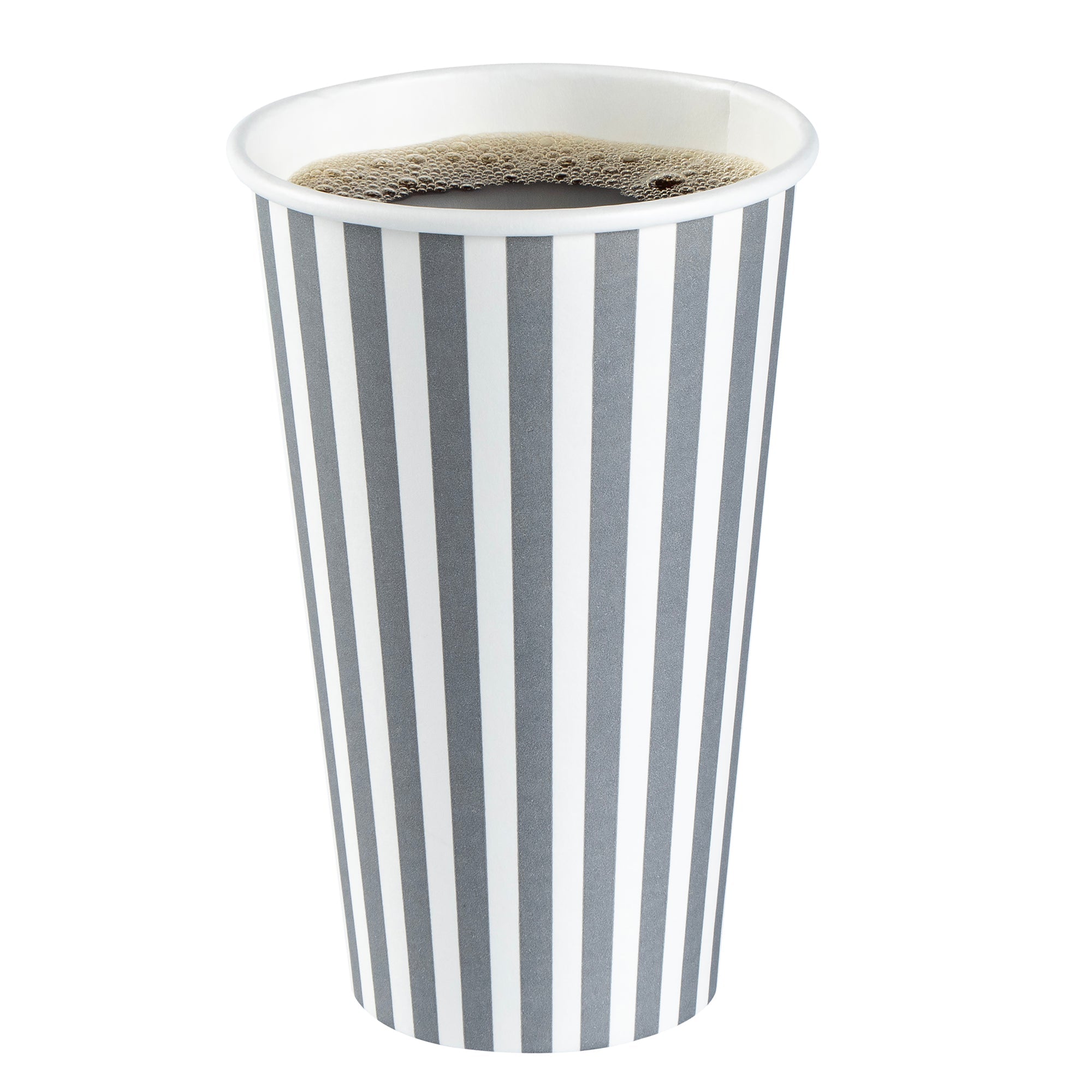 Restpresso 16 oz Gray and White Stripe Paper Single Wall Coffee Cup - with White Lid - 3 1/2"x 3 1/2"x 5 3/4" - 20 count box