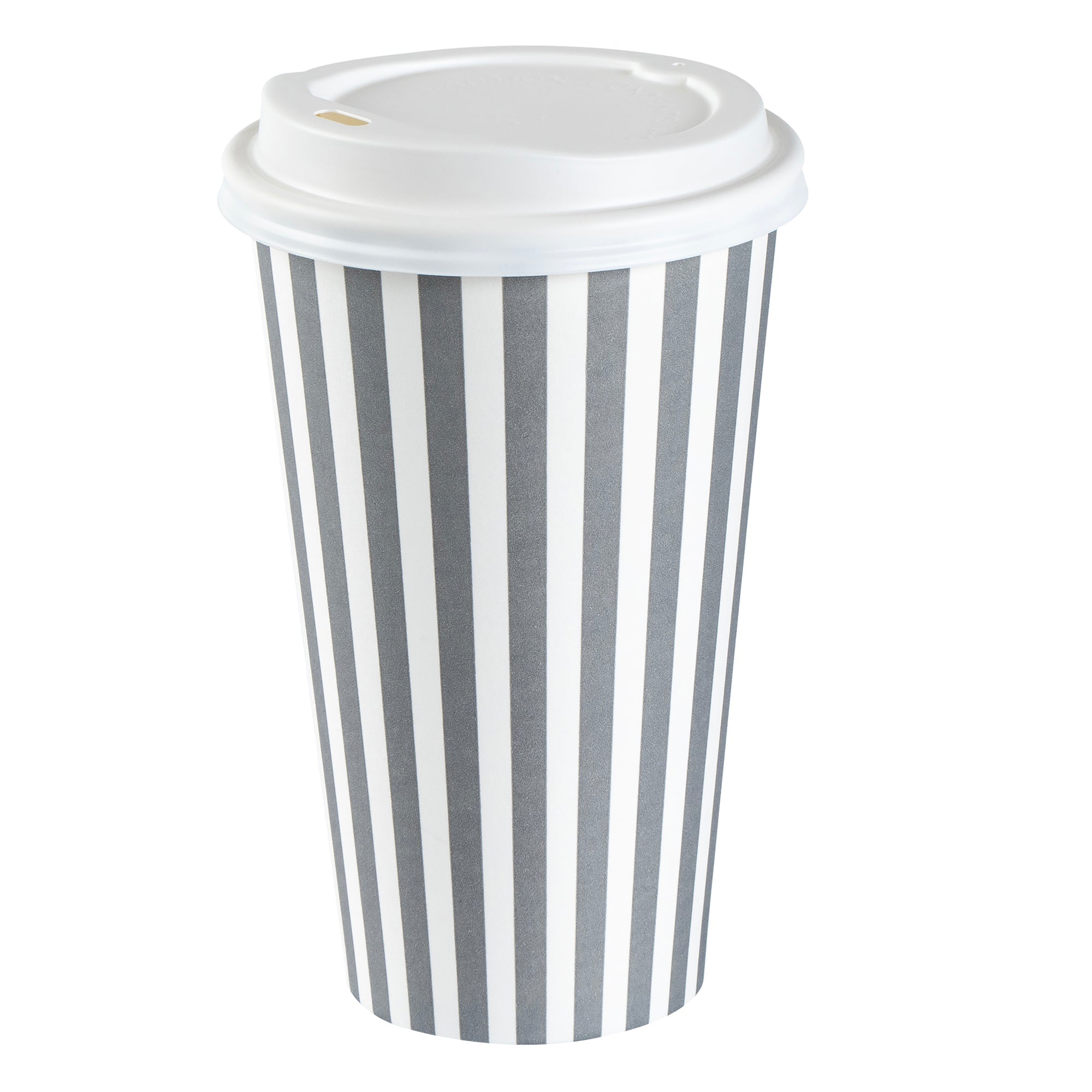 Restpresso 16 oz Gray and White Stripe Paper Single Wall Coffee Cup - with White Lid - 3 1/2"x 3 1/2"x 5 3/4" - 20 count box