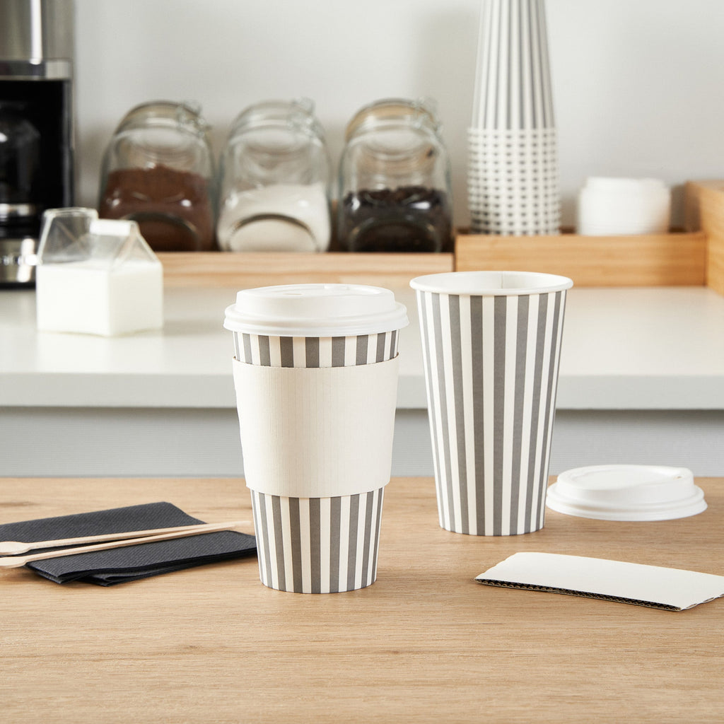 Restpresso 16 oz Gray and White Stripe Paper Single Wall Coffee Cup - with White Lid - 3 1/2"x 3 1/2"x 5 3/4" - 20 count box