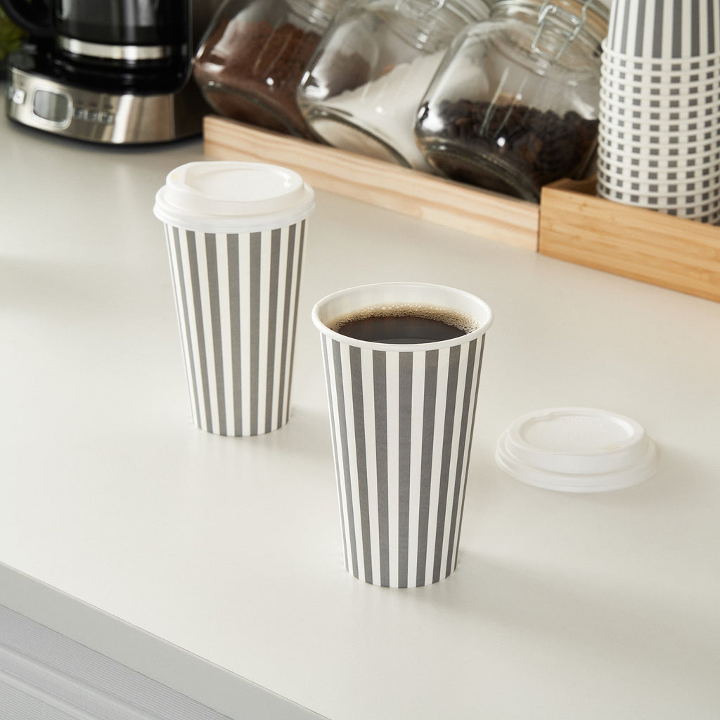 Restpresso 16 oz Gray and White Stripe Paper Single Wall Coffee Cup - with White Lid - 3 1/2"x 3 1/2"x 5 3/4" - 400 count box