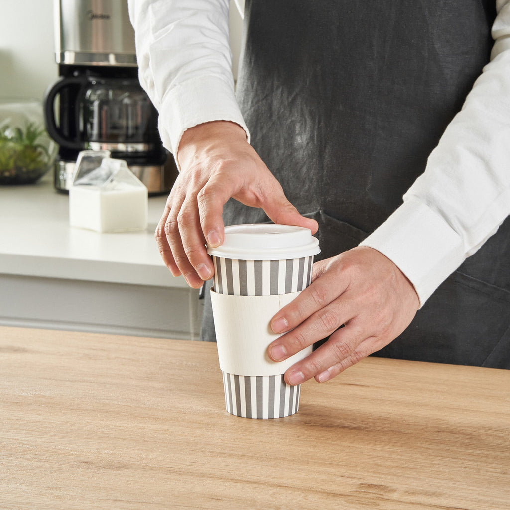Restpresso 16 oz Gray and White Stripe Paper Single Wall Coffee Cup - with White Lid - 3 1/2"x 3 1/2"x 5 3/4" - 400 count box