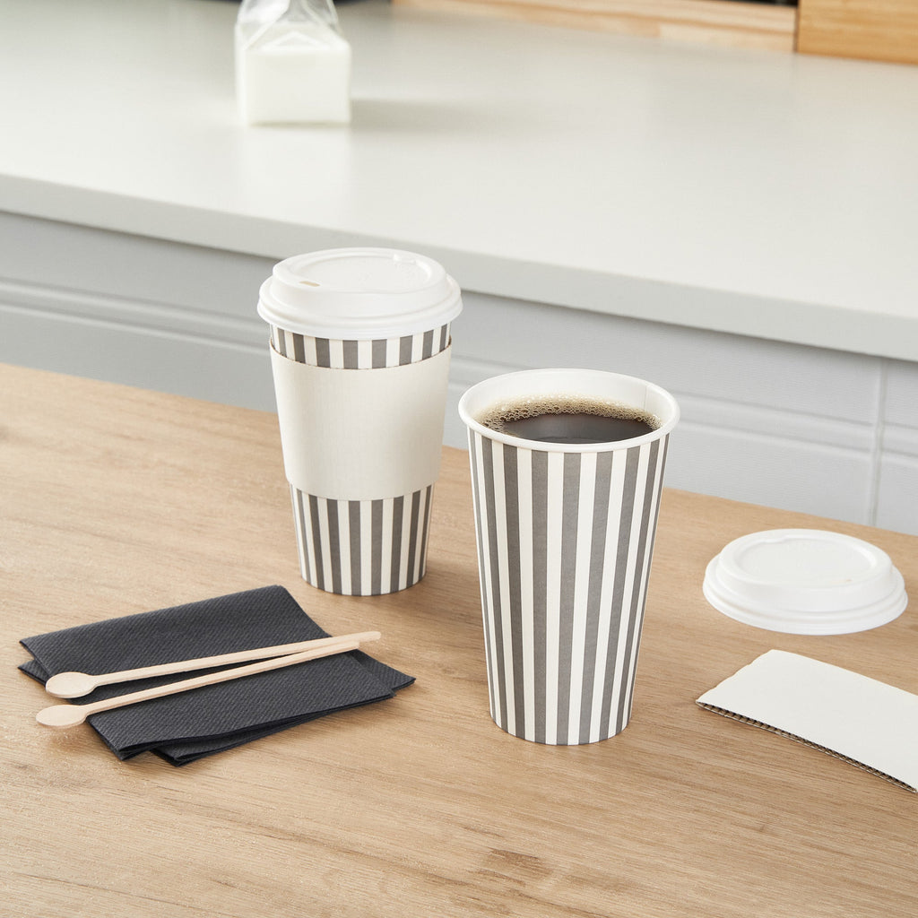 Restpresso 16 oz Gray and White Stripe Paper Single Wall Coffee Cup - with White Lid - 3 1/2"x 3 1/2"x 5 3/4" - 400 count box
