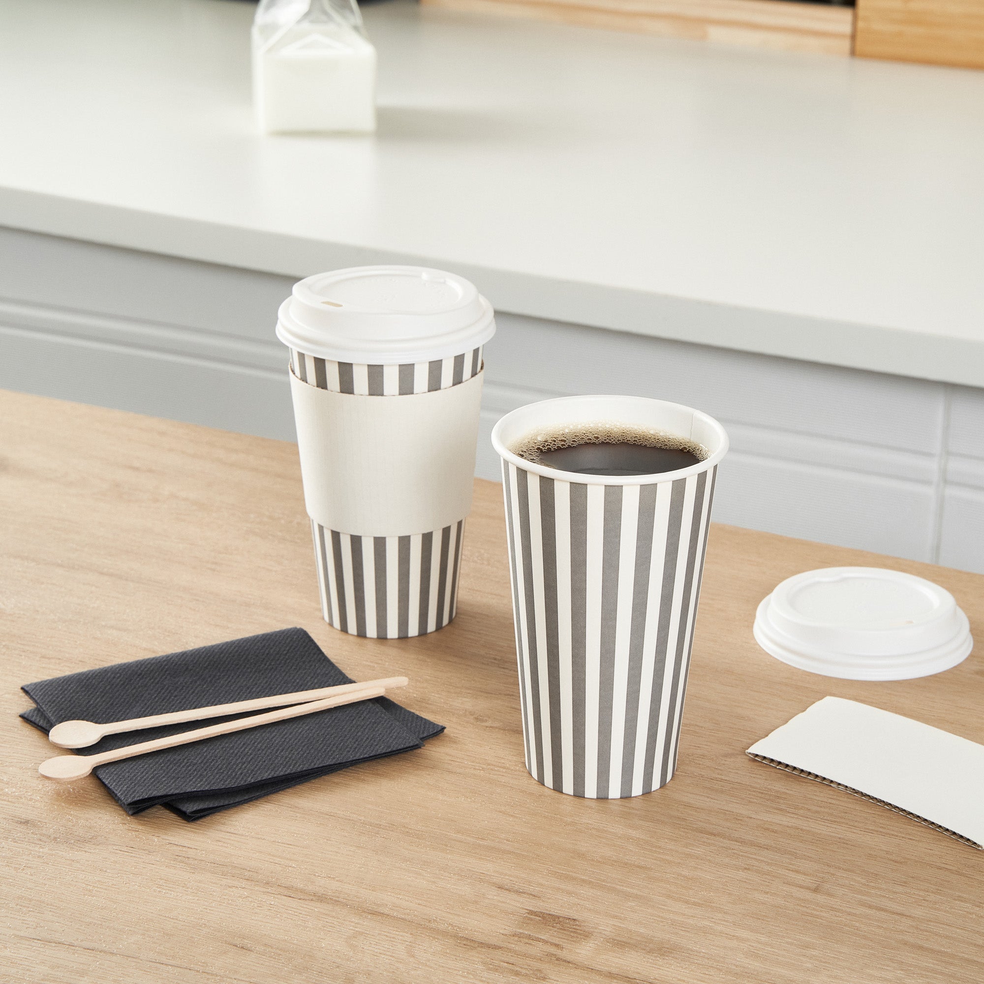 Restpresso 16 oz Gray and White Stripe Paper Single Wall Coffee Cup - with White Lid - 3 1/2"x 3 1/2"x 5 3/4" - 400 count box