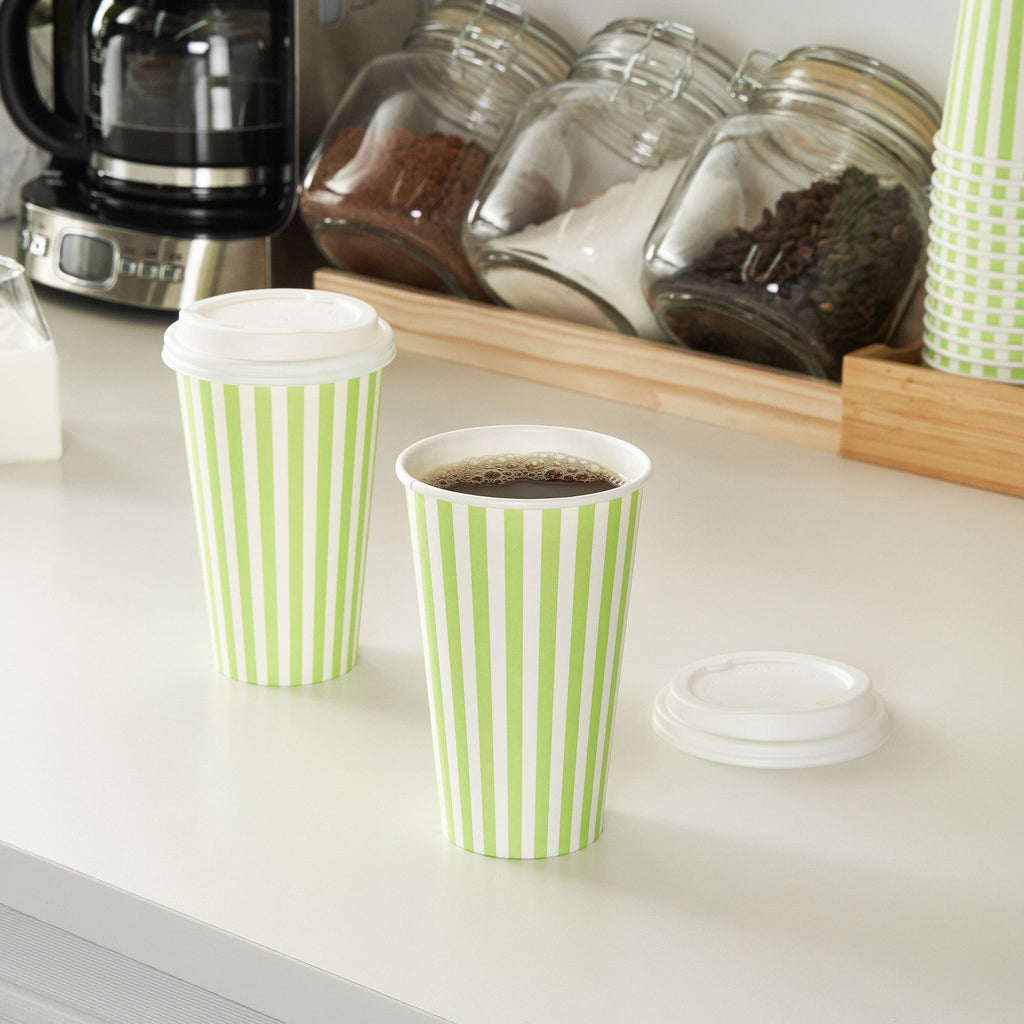 Restpresso 16 oz Green and White Stripe Paper Single Wall Coffee Cup - with White Lid - 3 1/2"x 3 1/2"x 5 3/4" - 20 count box
