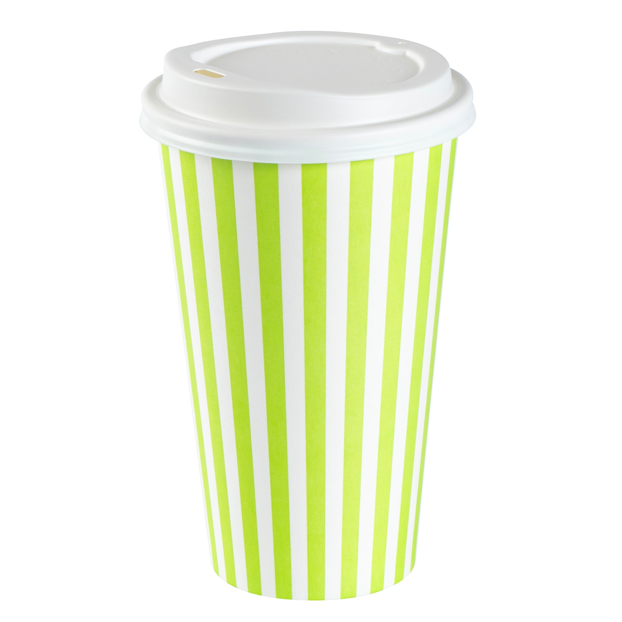 Restpresso 16 oz Green and White Stripe Paper Single Wall Coffee Cup - with White Lid - 3 1/2"x 3 1/2"x 5 3/4" - 20 count box