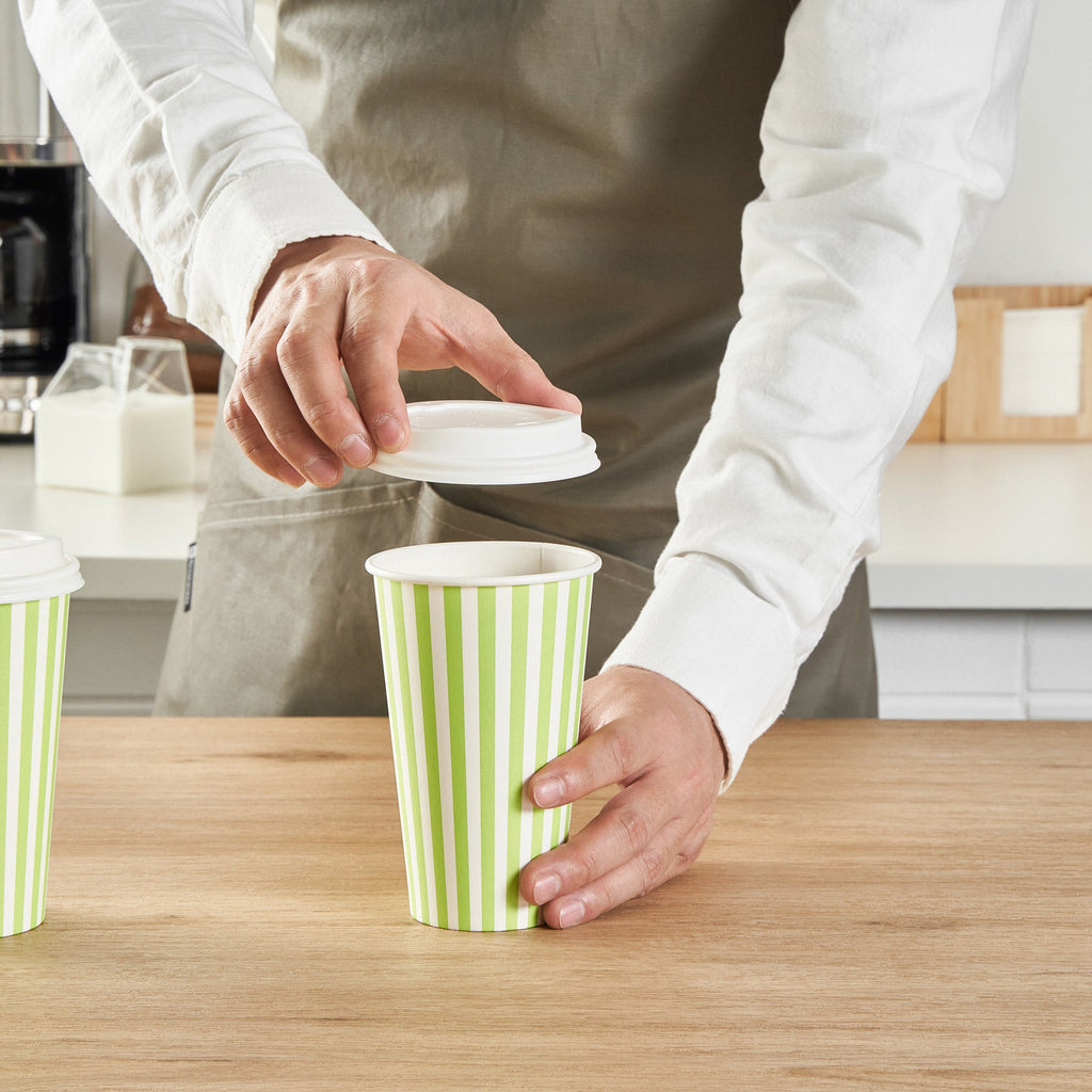Restpresso 16 oz Green and White Stripe Paper Single Wall Coffee Cup - with White Lid - 3 1/2"x 3 1/2"x 5 3/4" - 20 count box