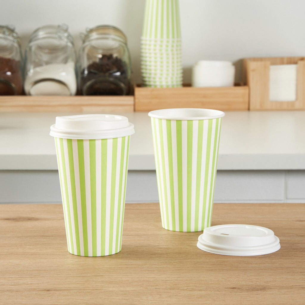 Restpresso 16 oz Green and White Stripe Paper Single Wall Coffee Cup - with White Lid - 3 1/2"x 3 1/2"x 5 3/4" - 20 count box