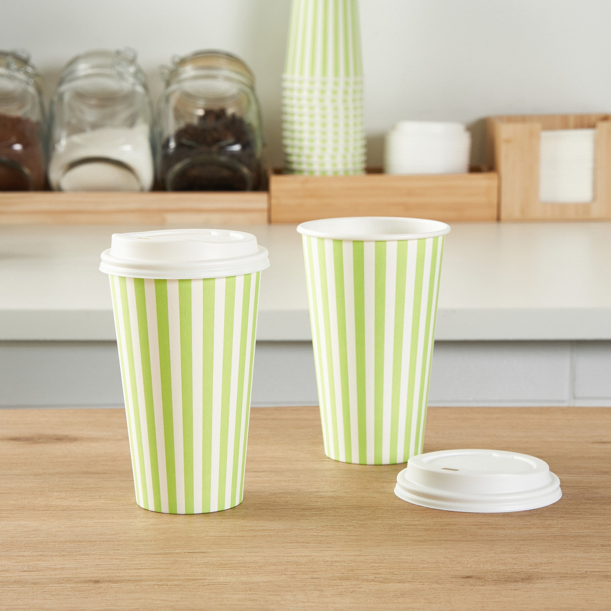 Restpresso 16 oz Green and White Stripe Paper Single Wall Coffee Cup - with White Lid - 3 1/2"x 3 1/2"x 5 3/4" - 20 count box