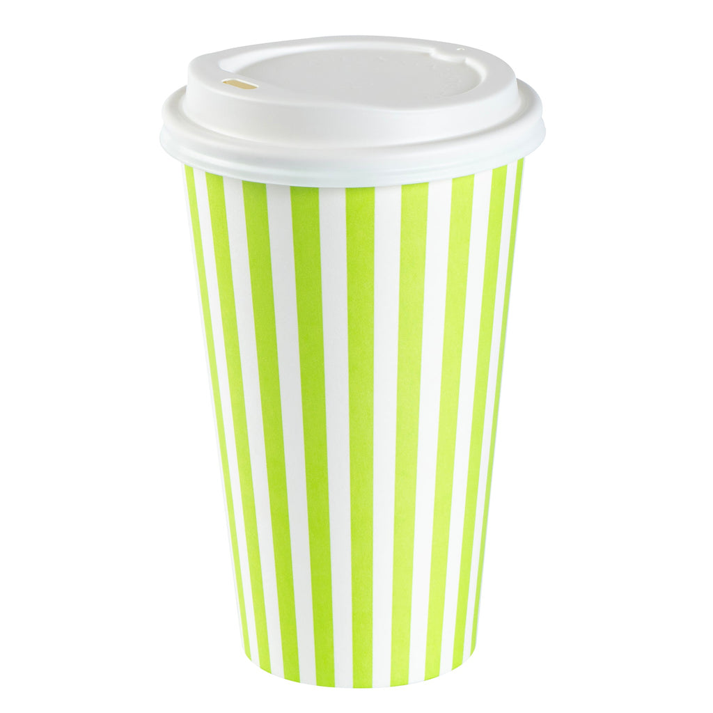 Restpresso 16 oz Green and White Stripe Paper Single Wall Coffee Cup - with White Lid - 3 1/2"x 3 1/2"x 5 3/4" - 400 count box