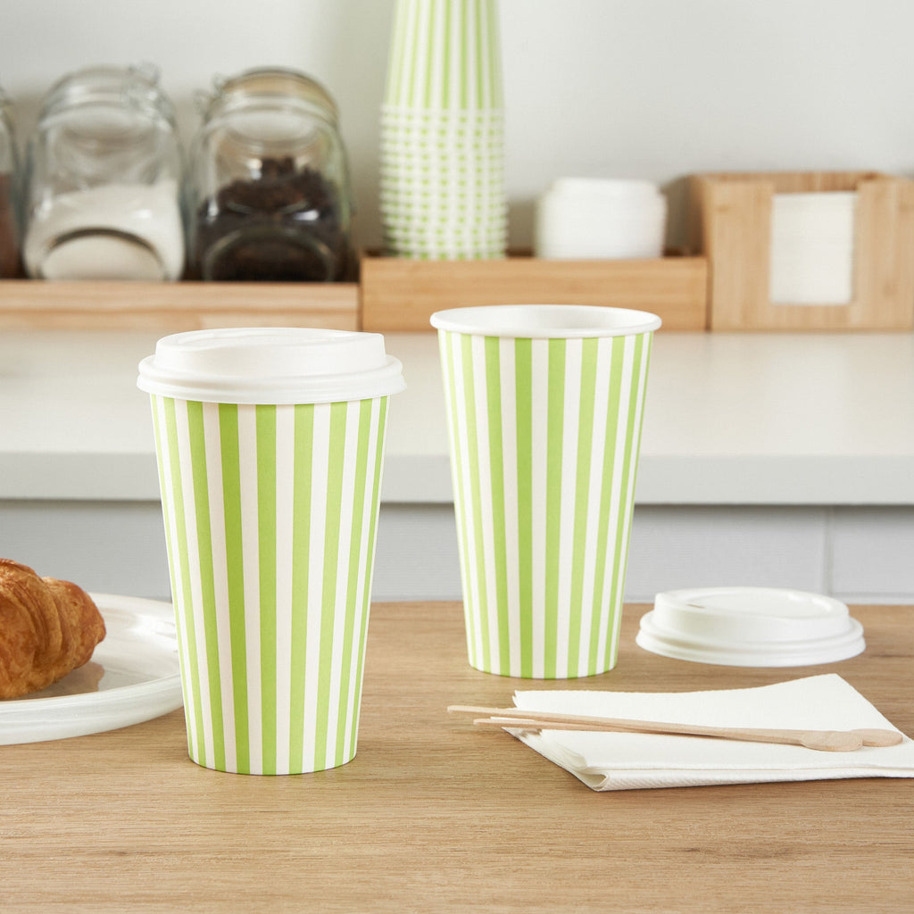 Restpresso 16 oz Green and White Stripe Paper Single Wall Coffee Cup - with White Lid - 3 1/2"x 3 1/2"x 5 3/4" - 400 count box