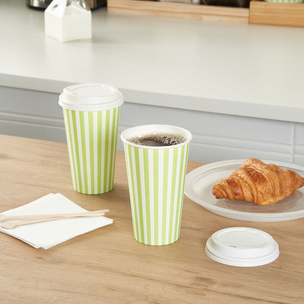 Restpresso 16 oz Green and White Stripe Paper Single Wall Coffee Cup - with White Lid - 3 1/2"x 3 1/2"x 5 3/4" - 400 count box