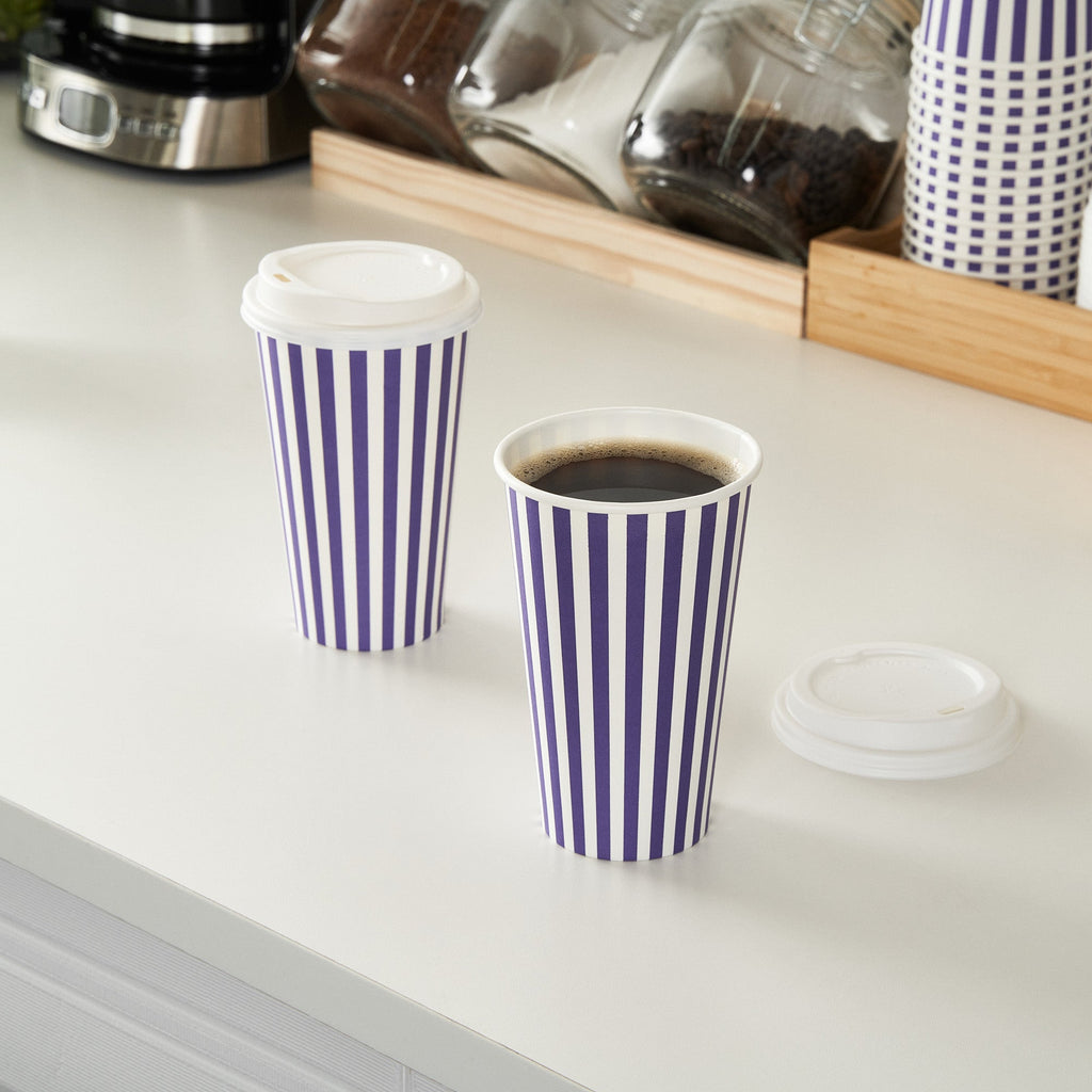 Restpresso 16 oz Purple and White Stripe Paper Single Wall Coffee Cup - with White Lid - 3 1/2"x 3 1/2"x 5 3/4" - 20 count box