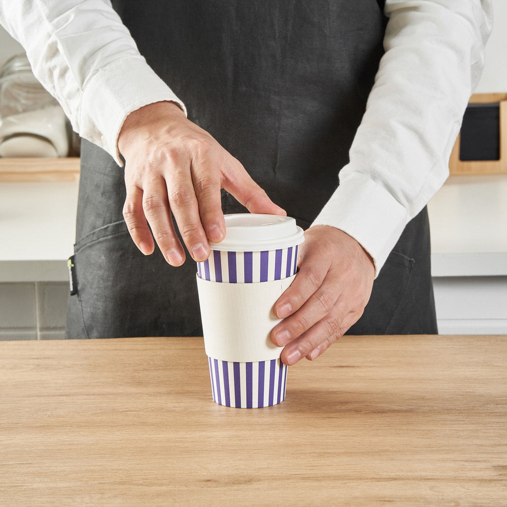 Restpresso 16 oz Purple and White Stripe Paper Single Wall Coffee Cup - with White Lid - 3 1/2"x 3 1/2"x 5 3/4" - 20 count box