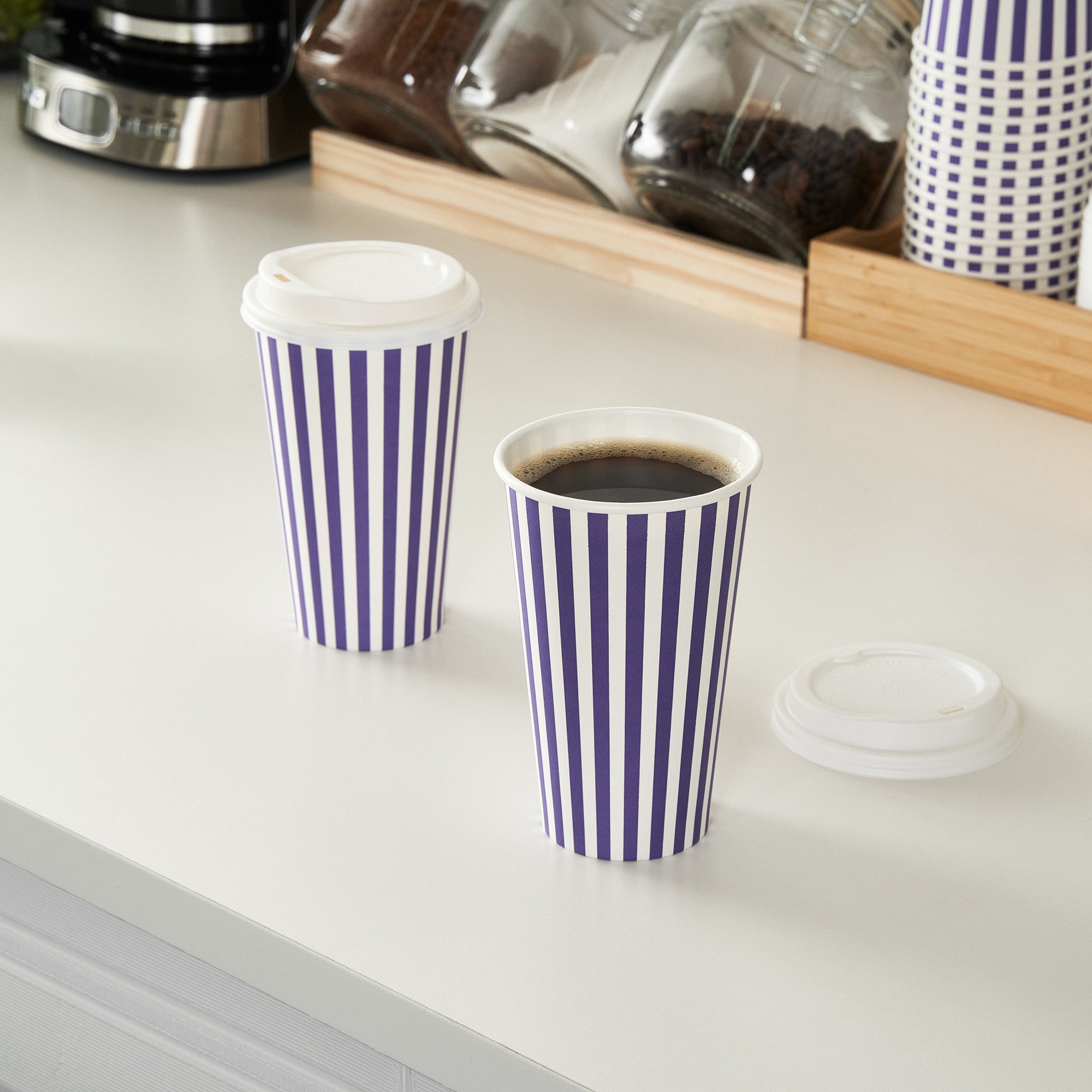 Restpresso 16 oz Purple and White Stripe Paper Single Wall Coffee Cup - with White Lid - 3 1/2"x 3 1/2"x 5 3/4" - 400 count box
