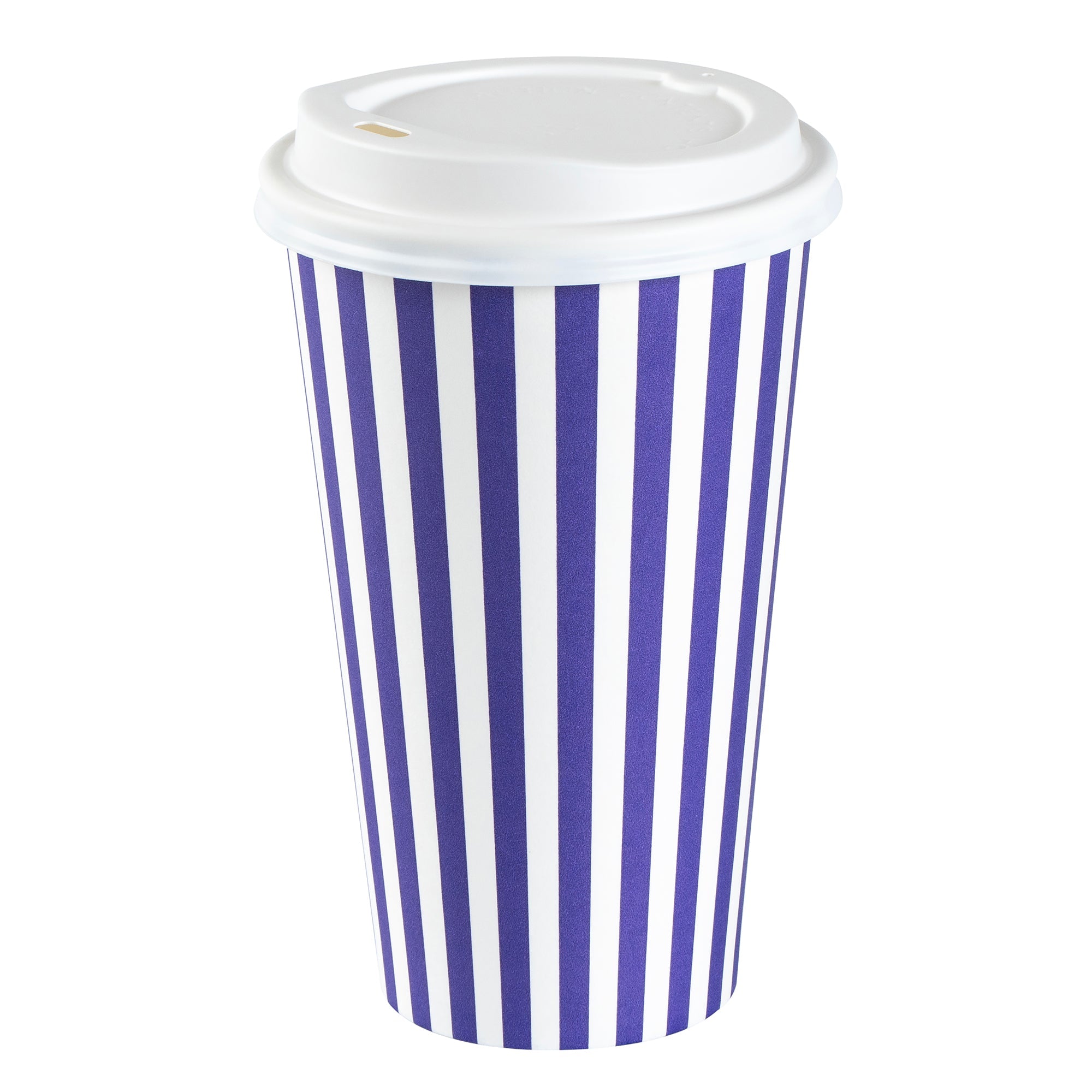 Restpresso 16 oz Purple and White Stripe Paper Single Wall Coffee Cup - with White Lid - 3 1/2"x 3 1/2"x 5 3/4" - 400 count box