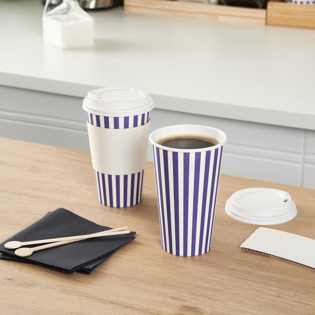 Restpresso 16 oz Purple and White Stripe Paper Single Wall Coffee Cup - with White Lid - 3 1/2"x 3 1/2"x 5 3/4" - 400 count box