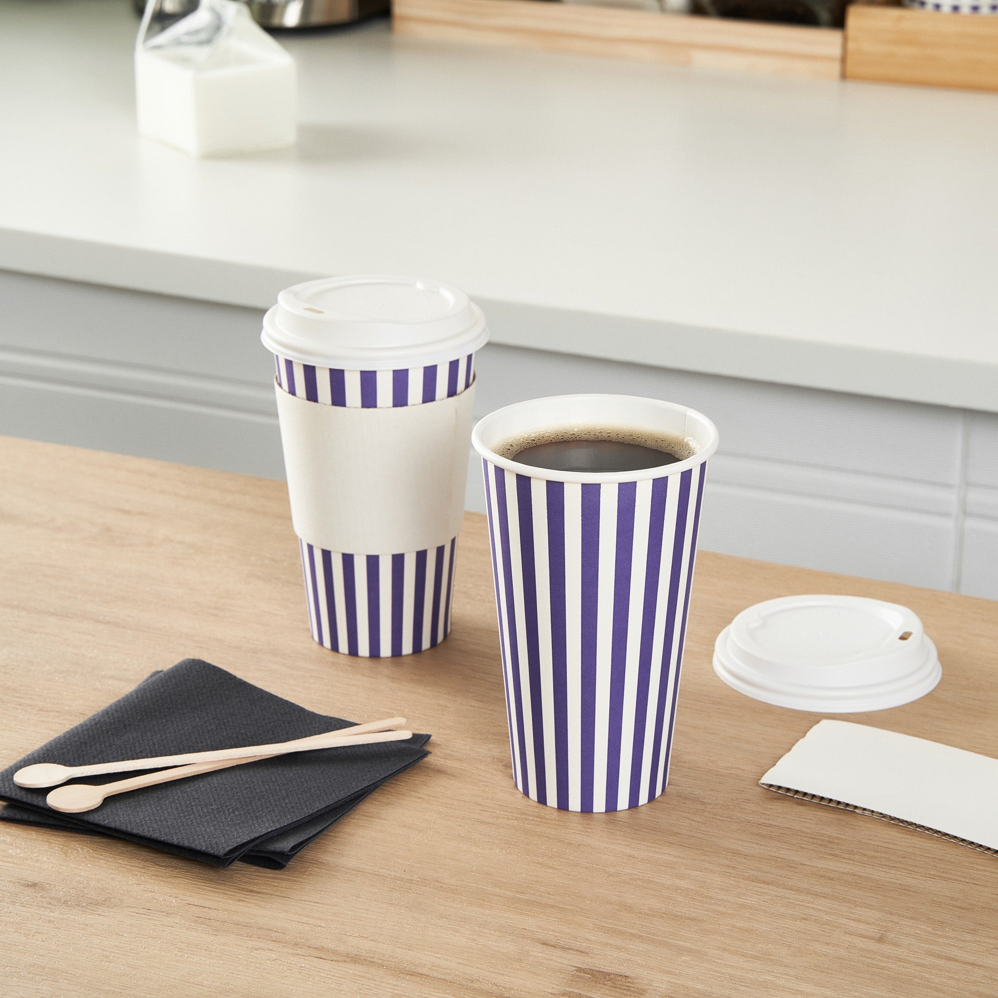 Restpresso 16 oz Purple and White Stripe Paper Single Wall Coffee Cup - with White Lid - 3 1/2"x 3 1/2"x 5 3/4" - 400 count box